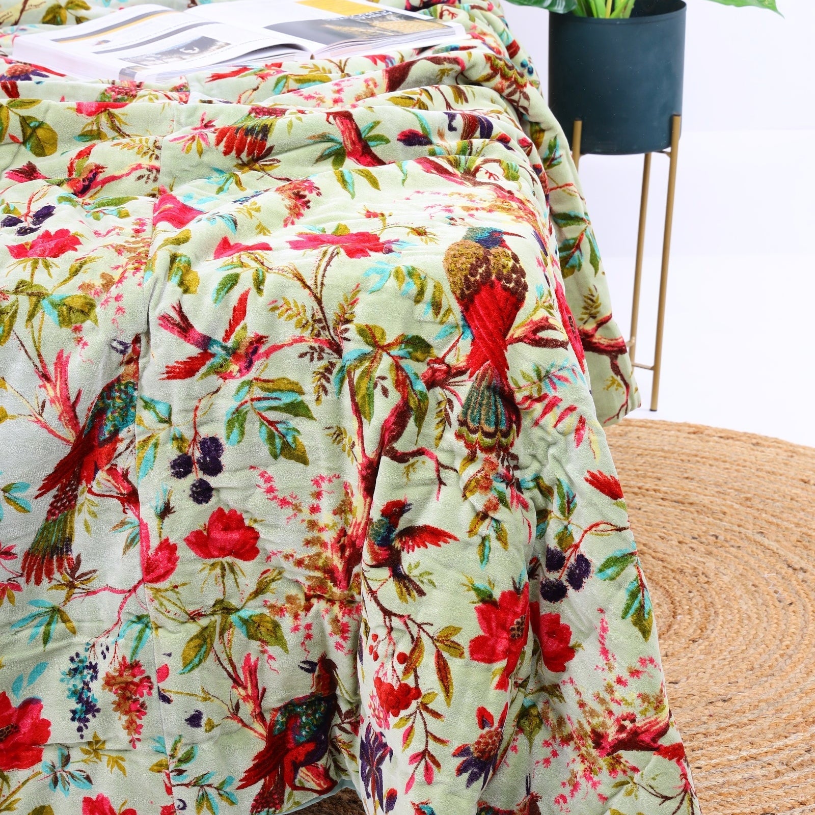 Sage Green Velvet Kantha Quilt - Luxe Duvet