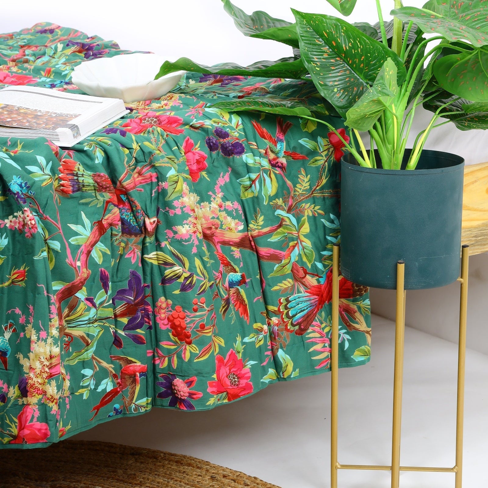 Emerald Green cotton Kantha Quilt - Luxe Throw