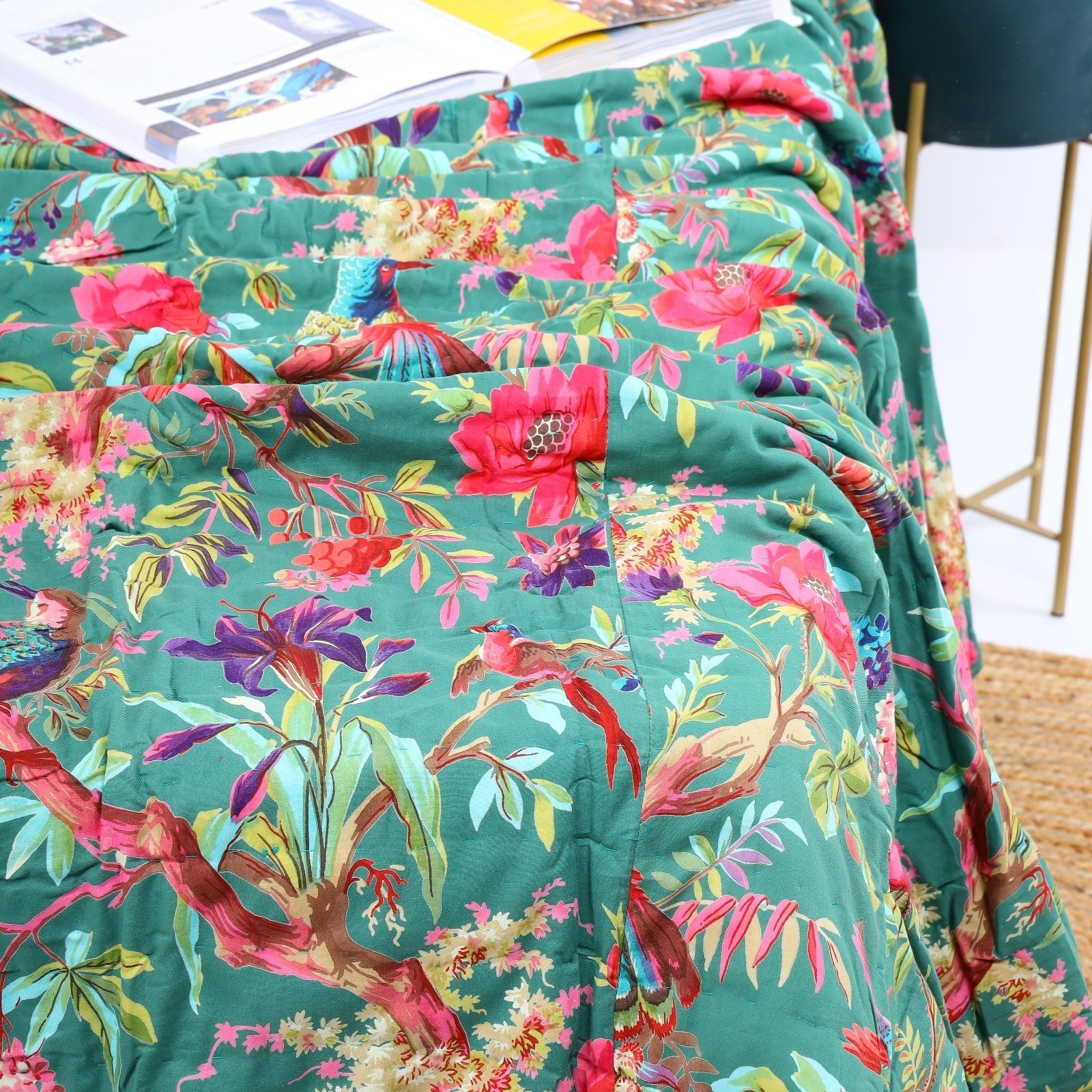 Emerald Green cotton Kantha Quilt - Luxe Throw
