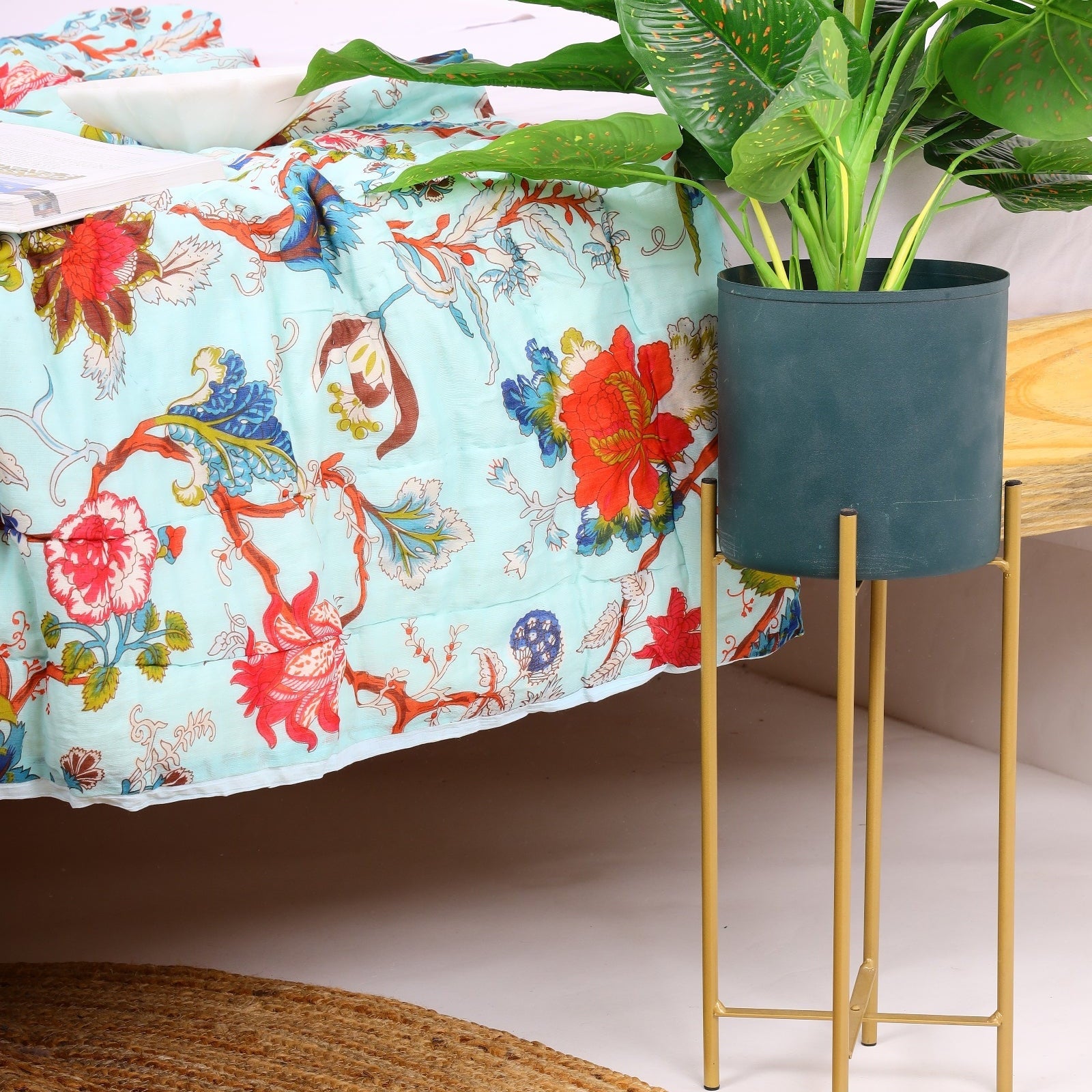 Floral Turquoise Velvet Kantha Quilt - Boho Look