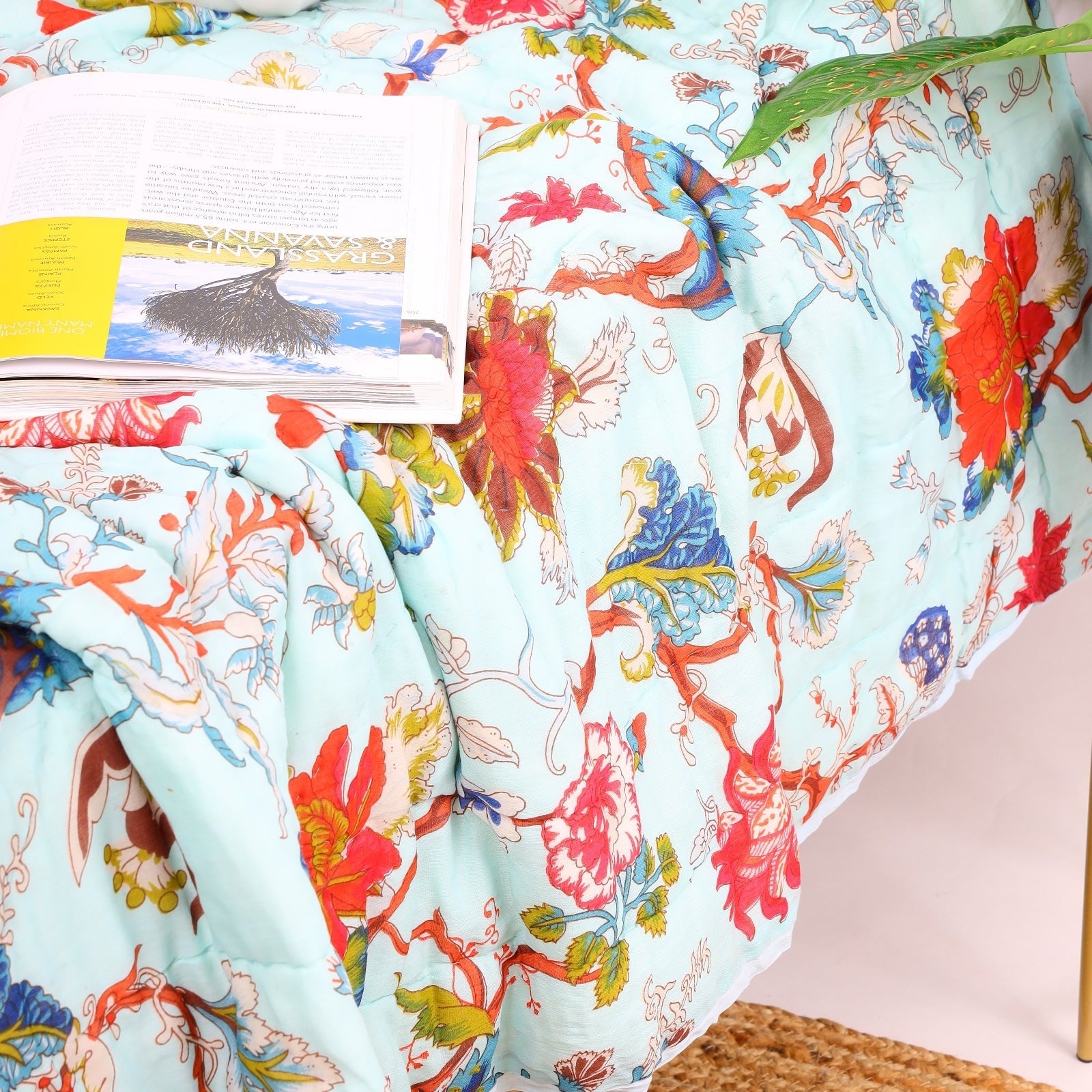 Floral Turquoise Velvet Kantha Quilt - Boho Look