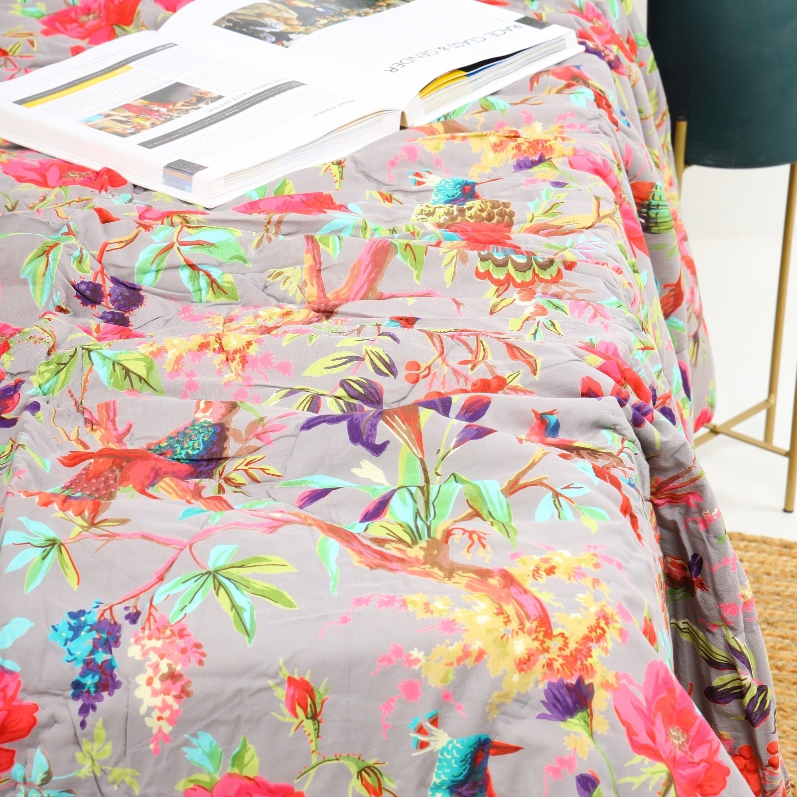 Birds of Paradise Velvet Kantha – Neutral Grey