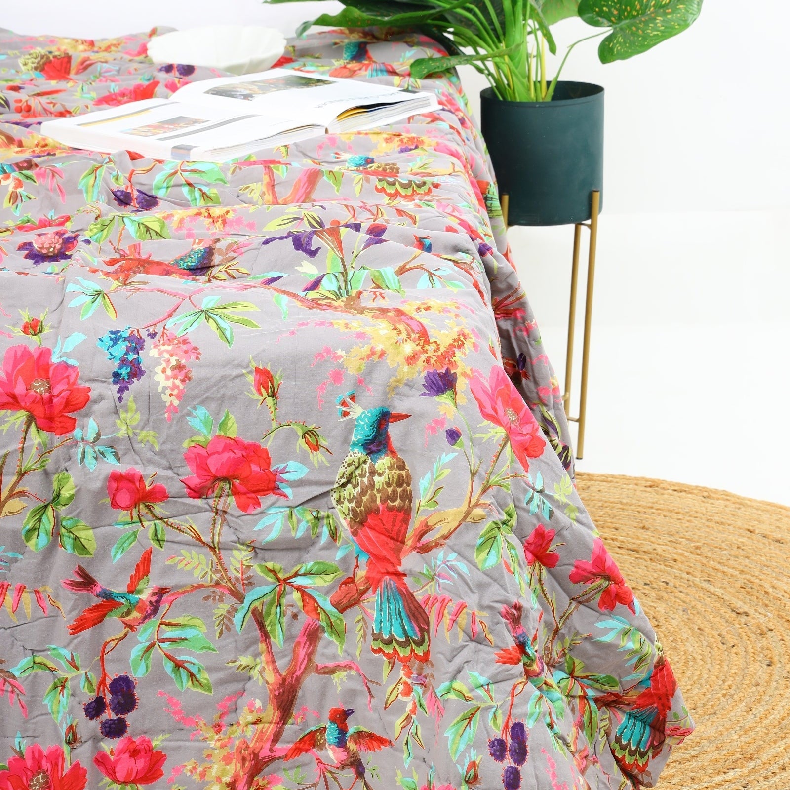 Birds of Paradise Velvet Kantha – Neutral Grey