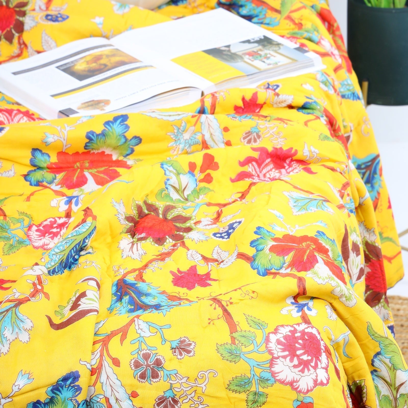 Vintage Vibes Velvet Kantha Quilt - Yellow Boho