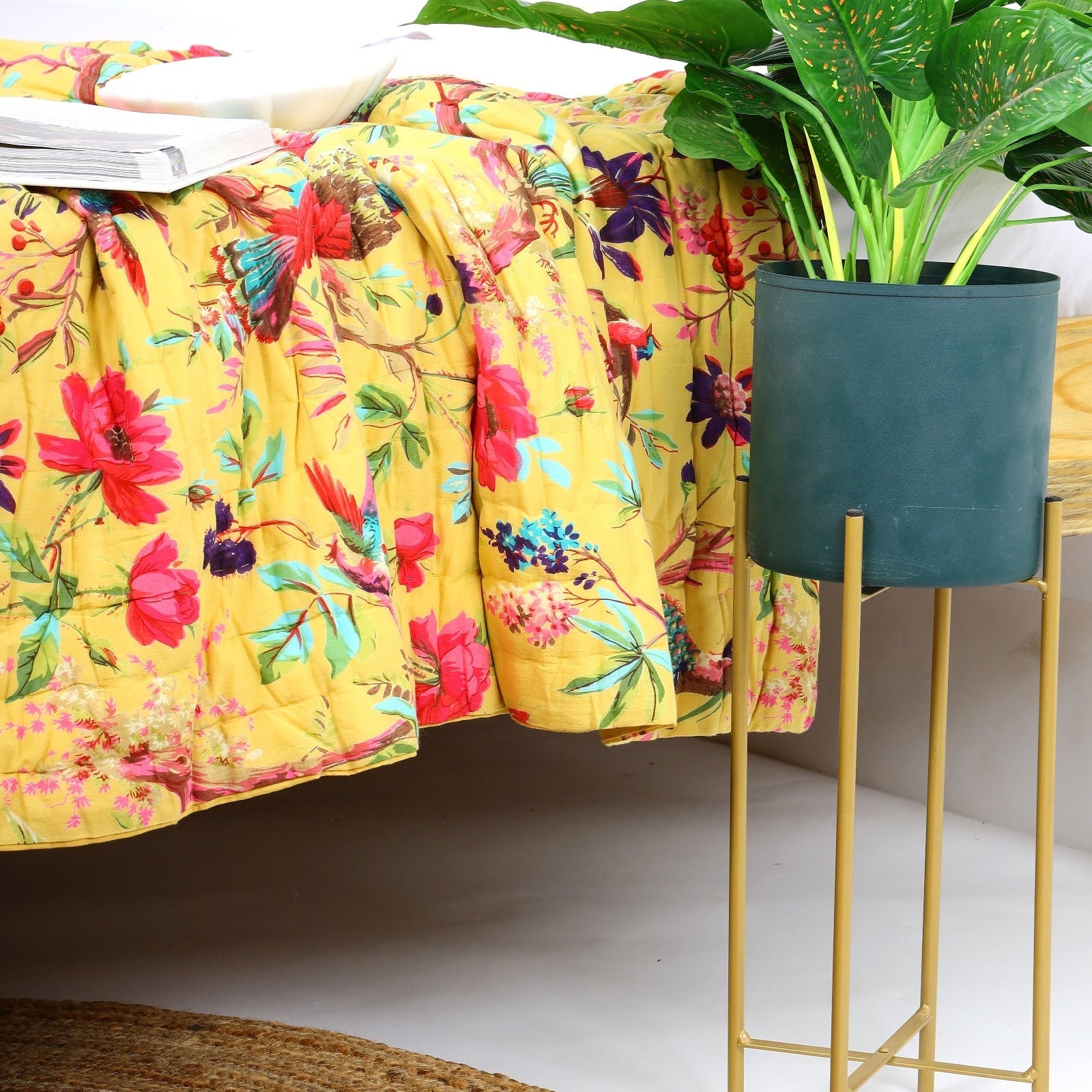 Velvet Frida Kantha Quilt - Mustard Floral Throw