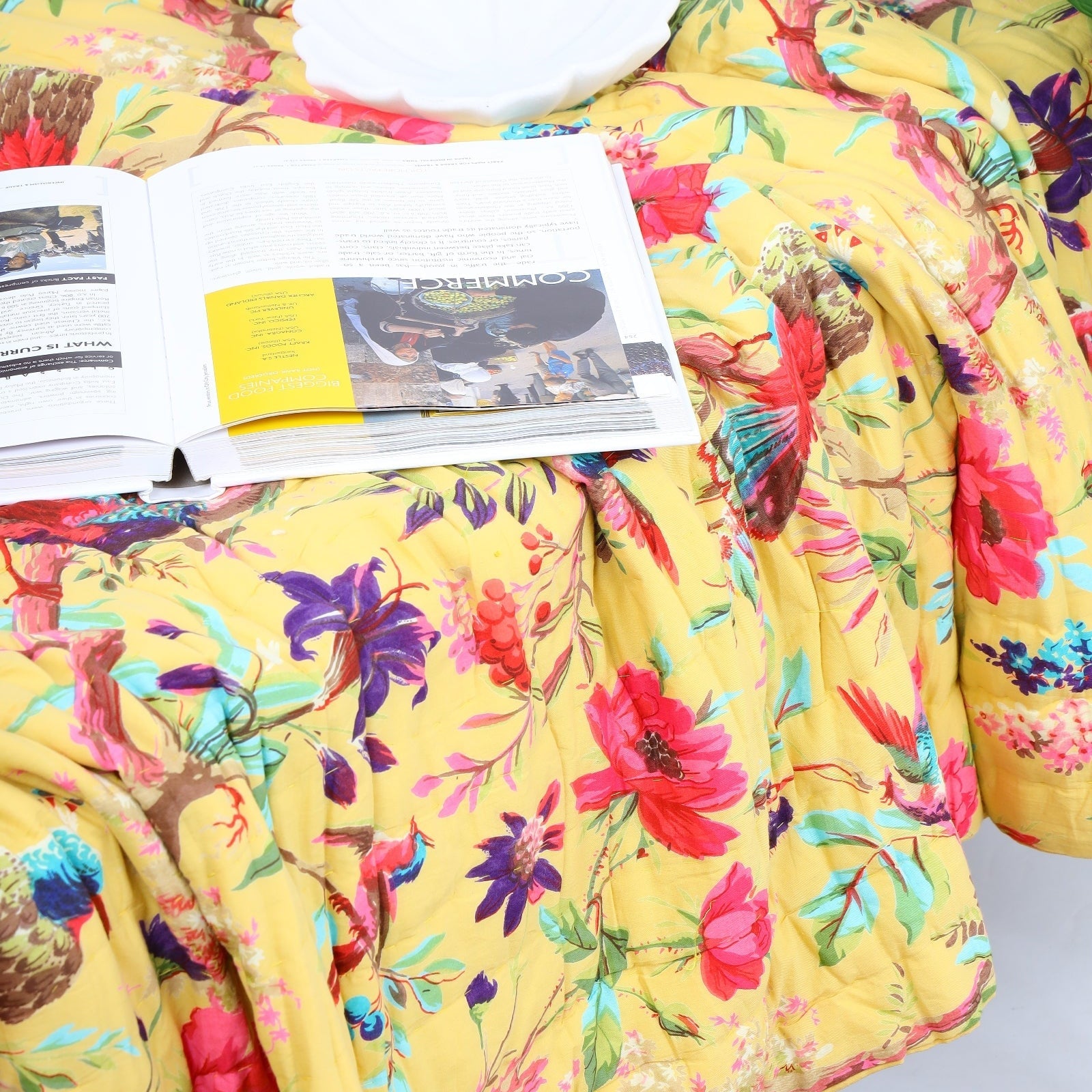 Velvet Frida Kantha Quilt - Mustard Floral Throw