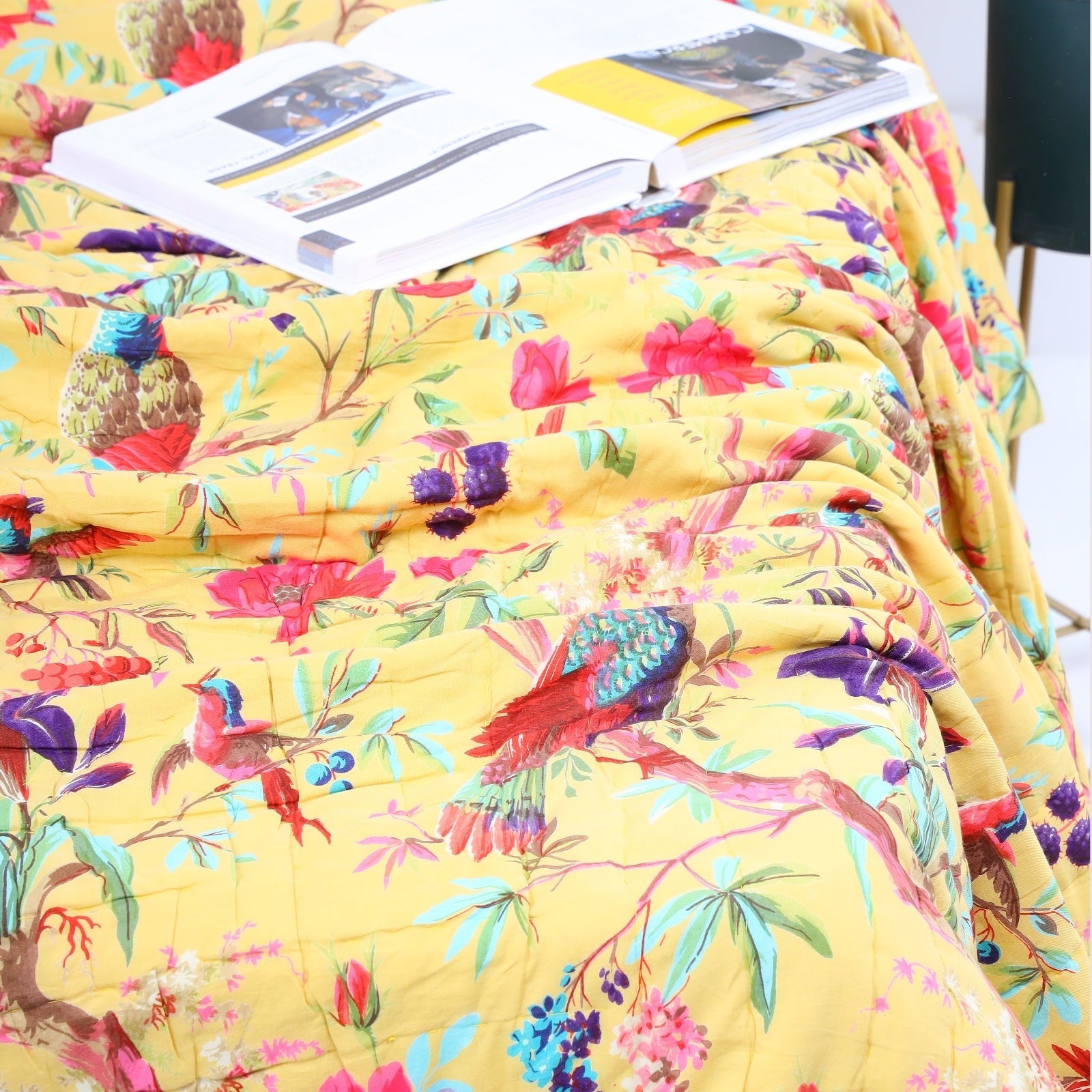 Velvet Frida Kantha Quilt - Mustard Floral Throw