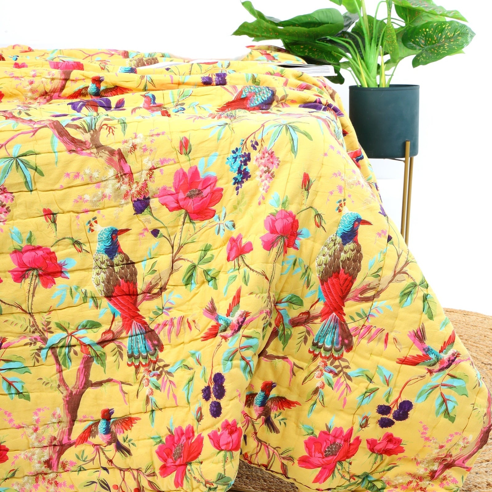 Velvet Frida Kantha Quilt - Mustard Floral Throw