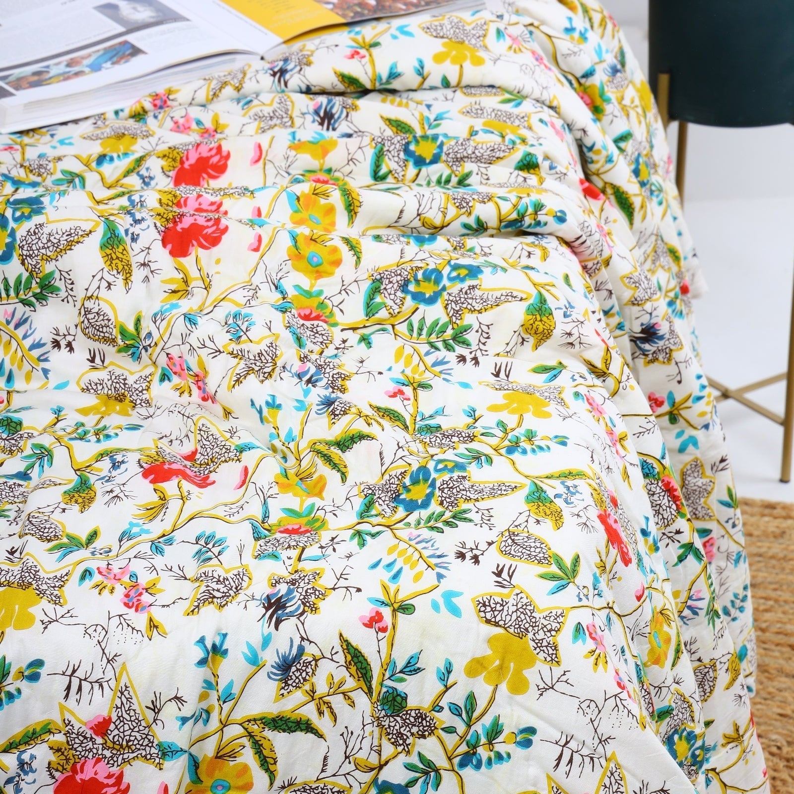 Velvet Kantha Quilt - Ivory Boho Bedspread