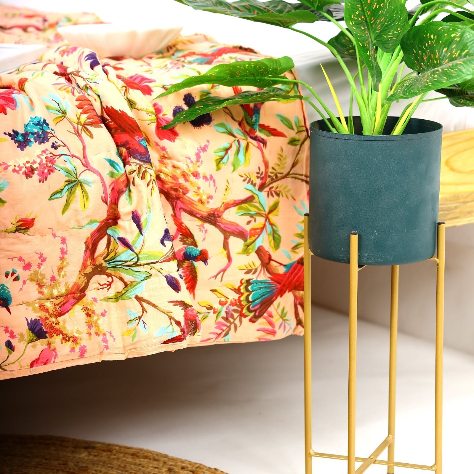 Boho Velvet Frida Kantha Quilt - Birdsong Coral