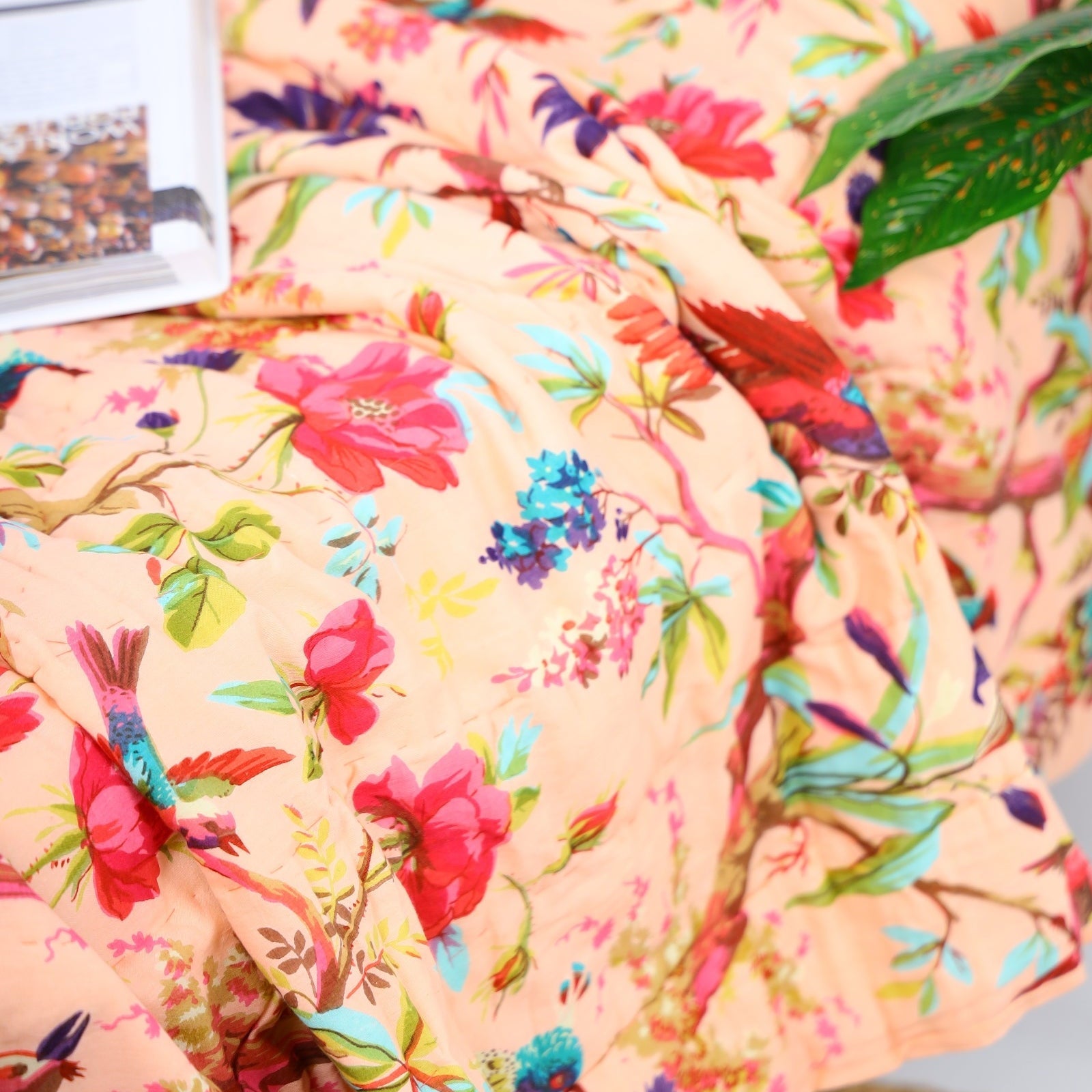 Boho Velvet Frida Kantha Quilt - Birdsong Coral