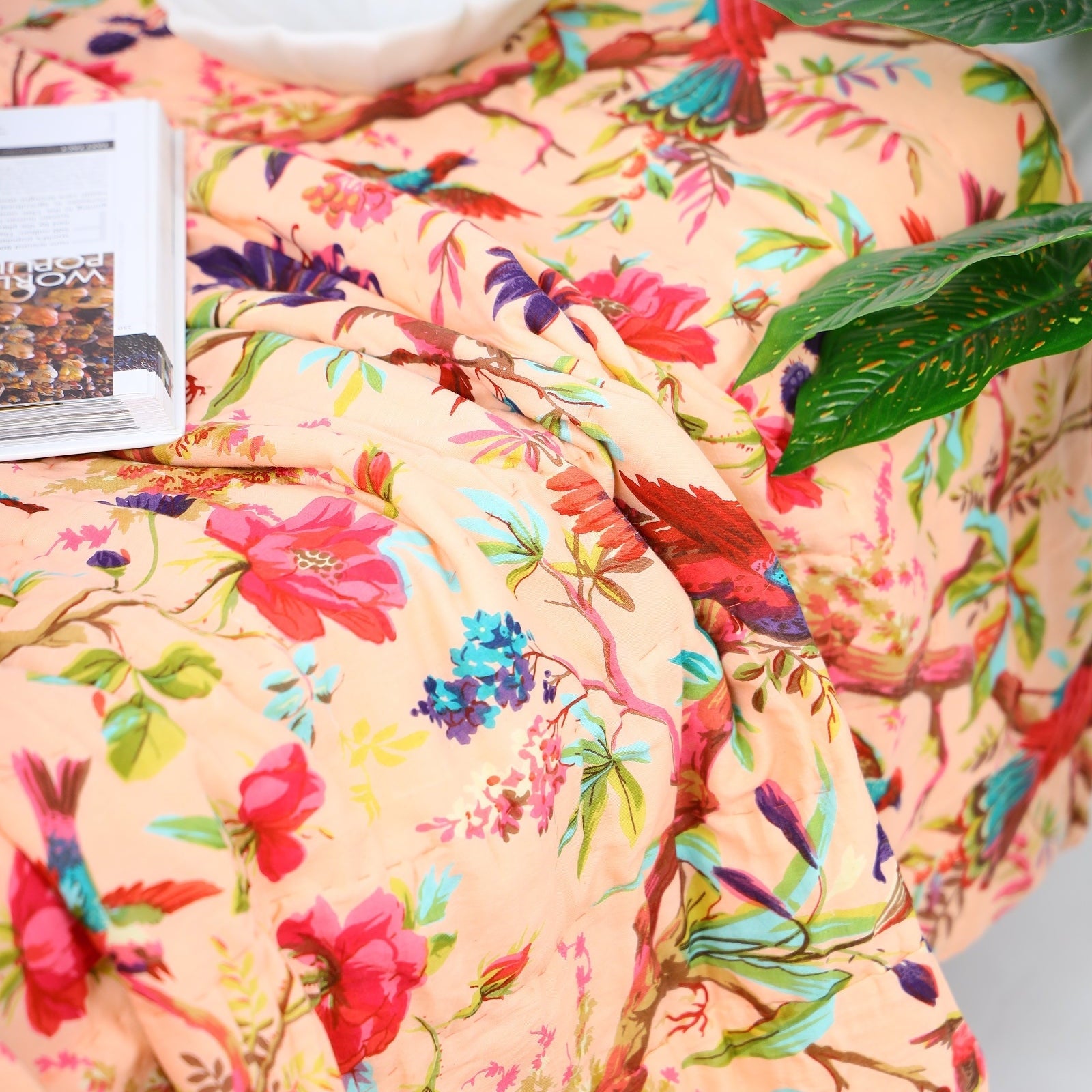 Boho Velvet Frida Kantha Quilt - Birdsong Coral