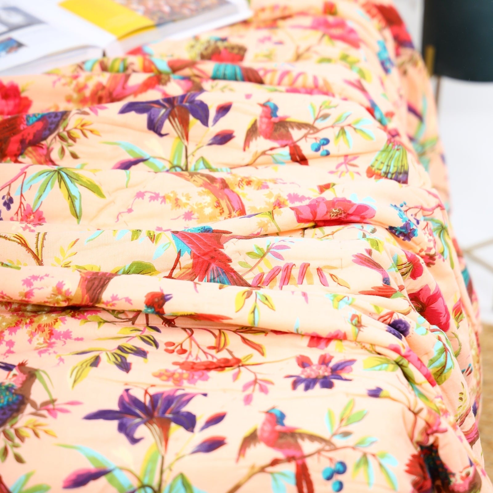 Boho Velvet Frida Kantha Quilt - Birdsong Coral