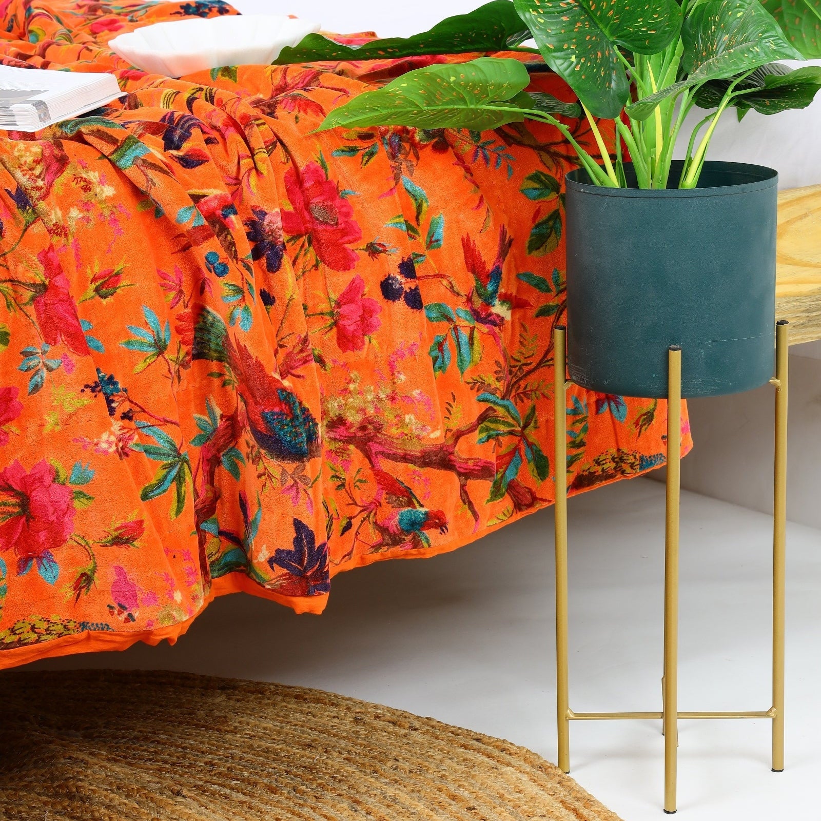 Sunset Orange Velvet Kantha Quilt - Cosy Bedspread