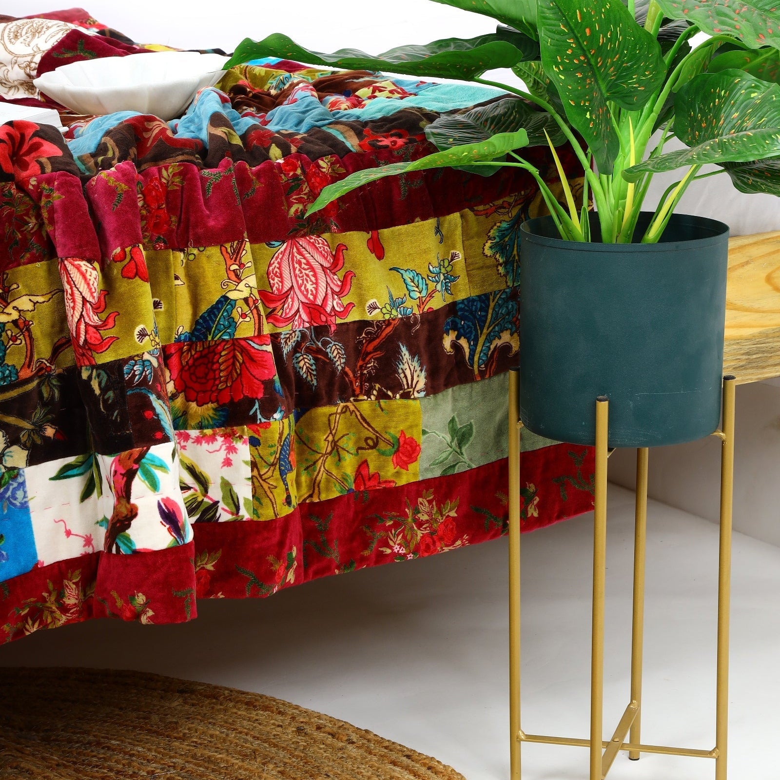 Patchwork Paradise Velvet Kantha Quilt - Unique