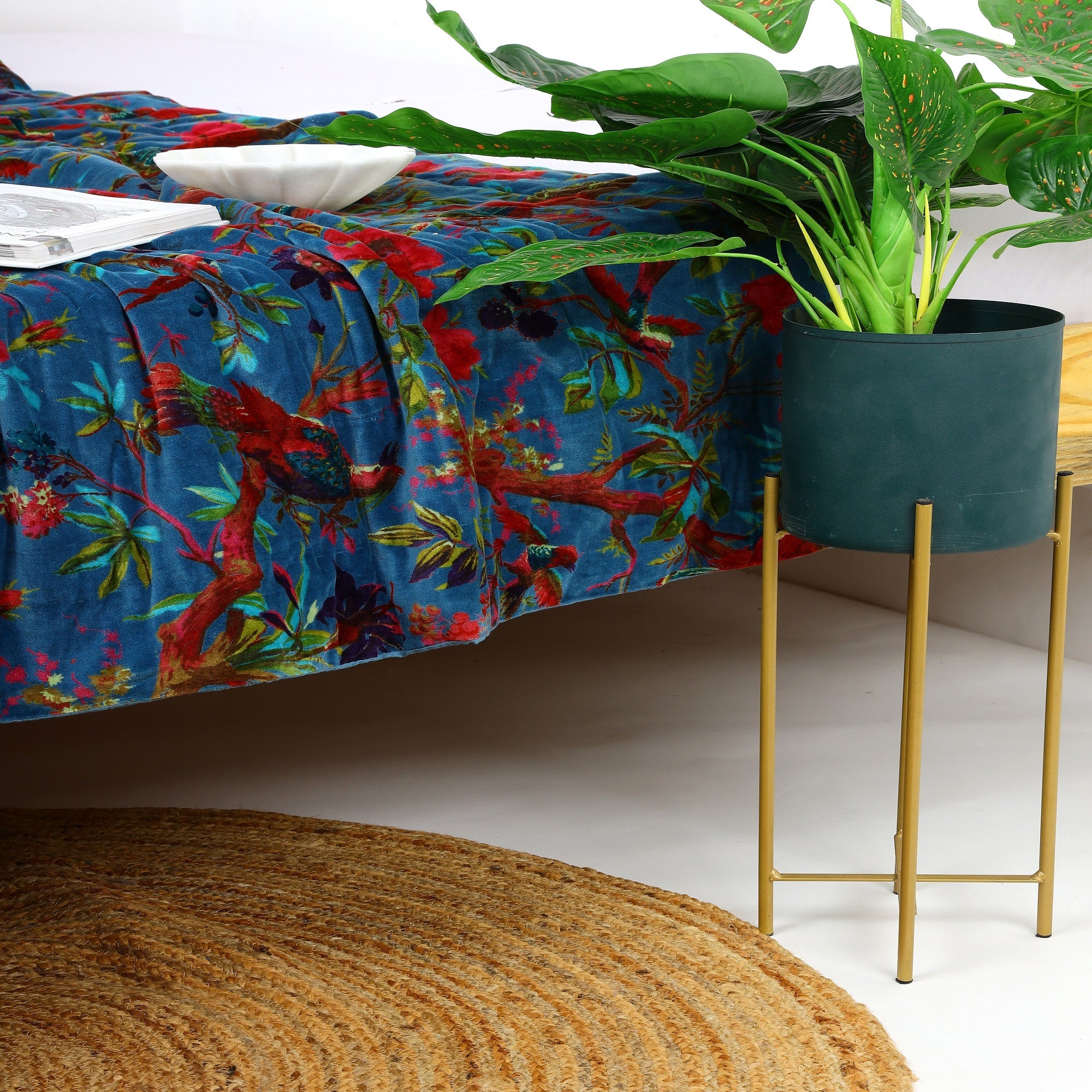 Floral Navy Velvet Kantha Quilt - Luxe Blanket