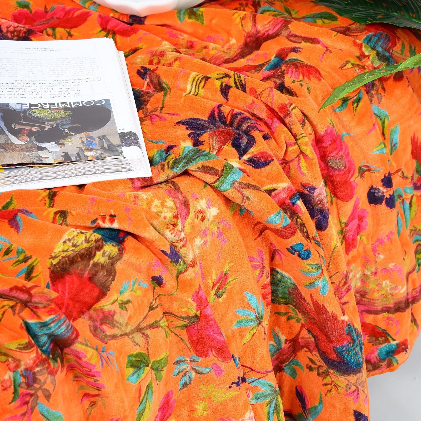 Sunset Orange Velvet Kantha Quilt - Cosy Bedspread