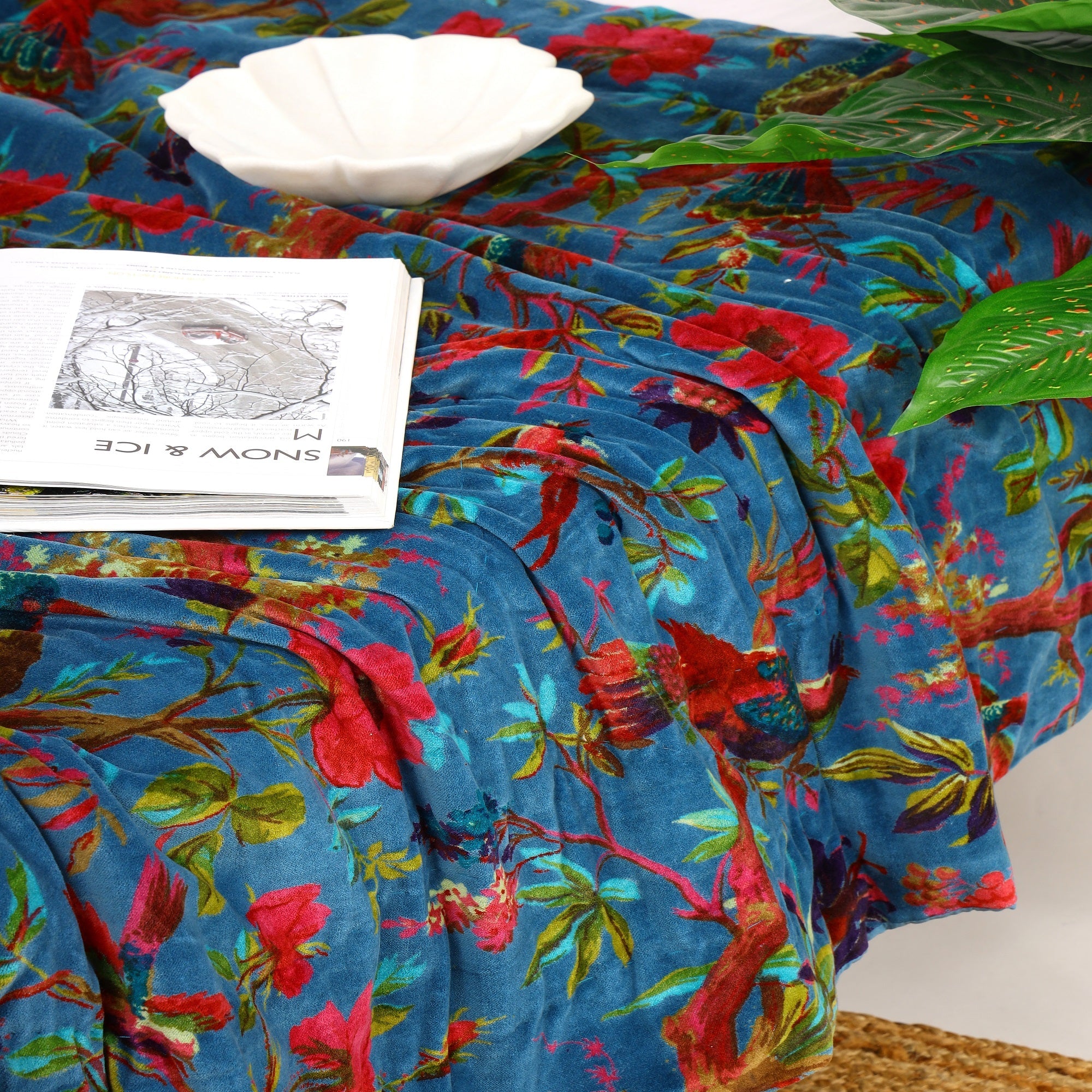 Floral Navy Velvet Kantha Quilt - Luxe Blanket