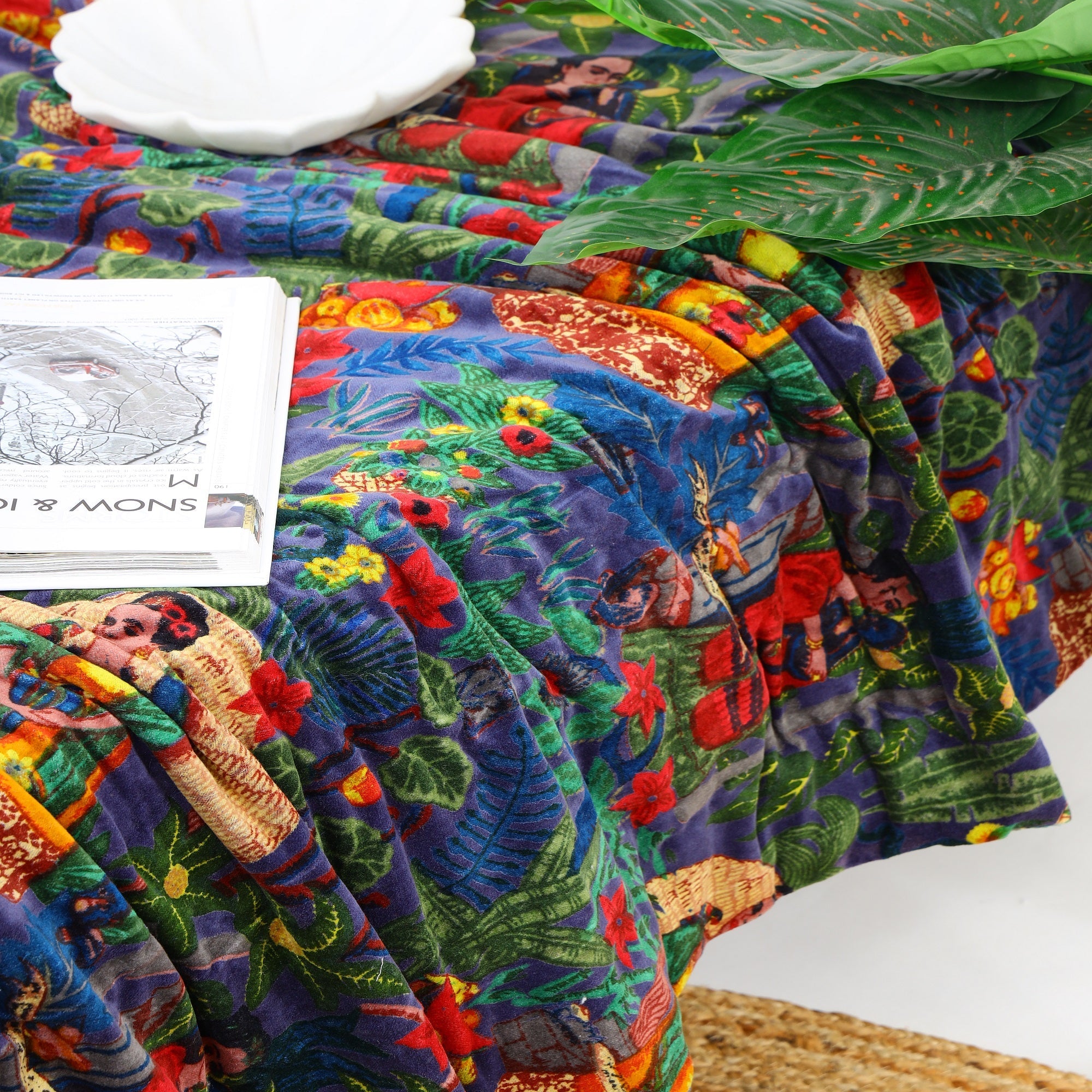 Tropical Navy Velvet Kantha Quilt - Boho Style