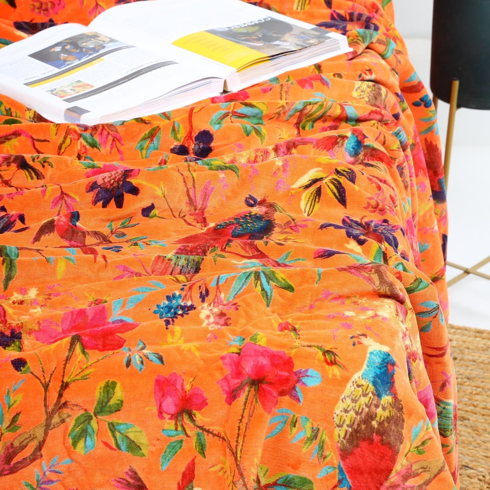 Sunset Orange Velvet Kantha Quilt - Cosy Bedspread