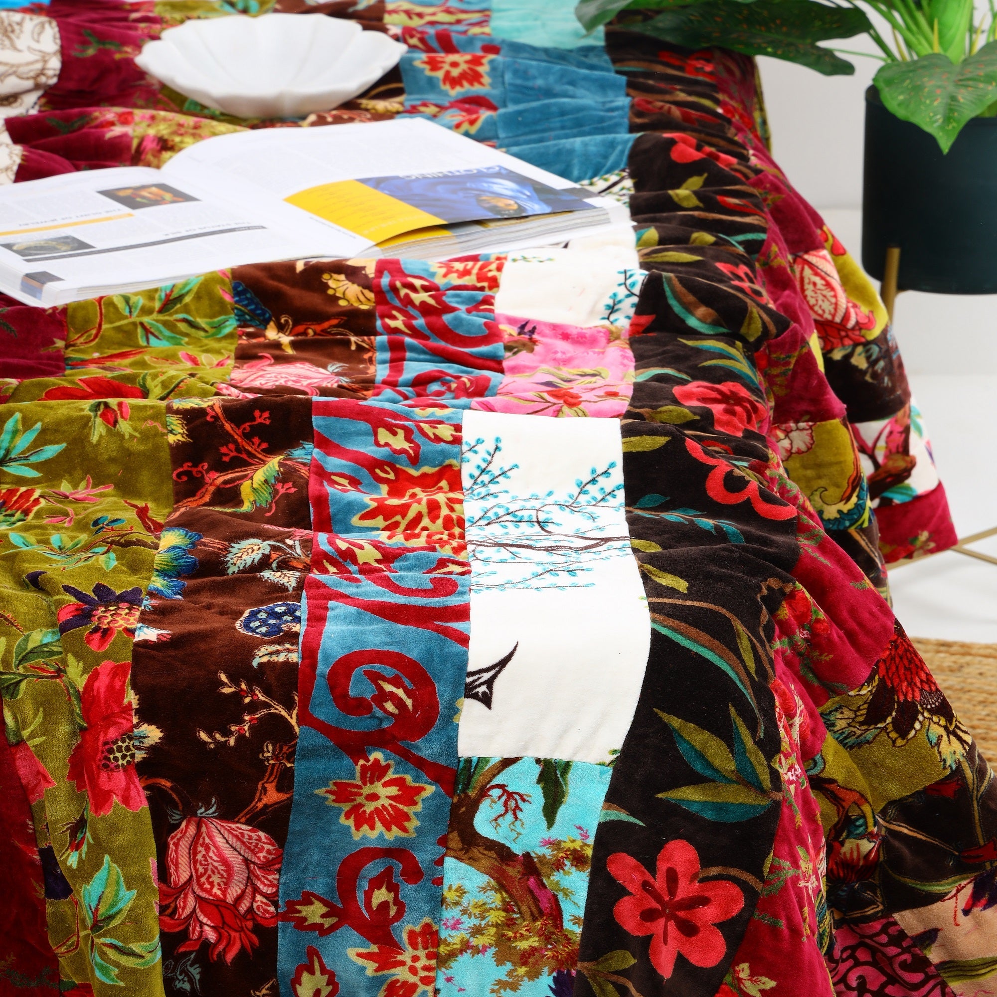 Patchwork Paradise Velvet Kantha Quilt - Unique