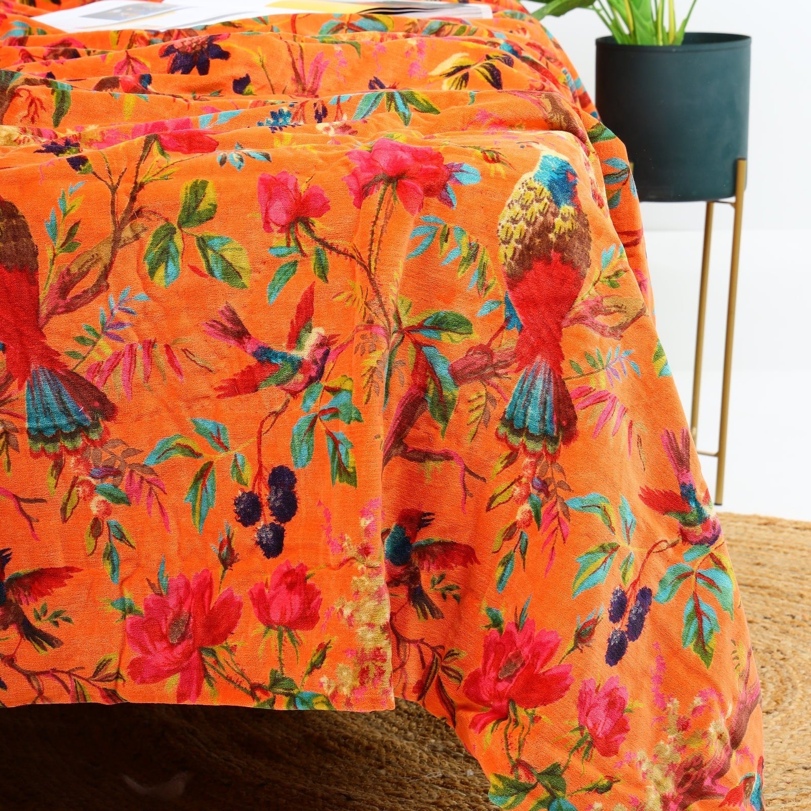 Sunset Orange Velvet Kantha Quilt - Cosy Bedspread