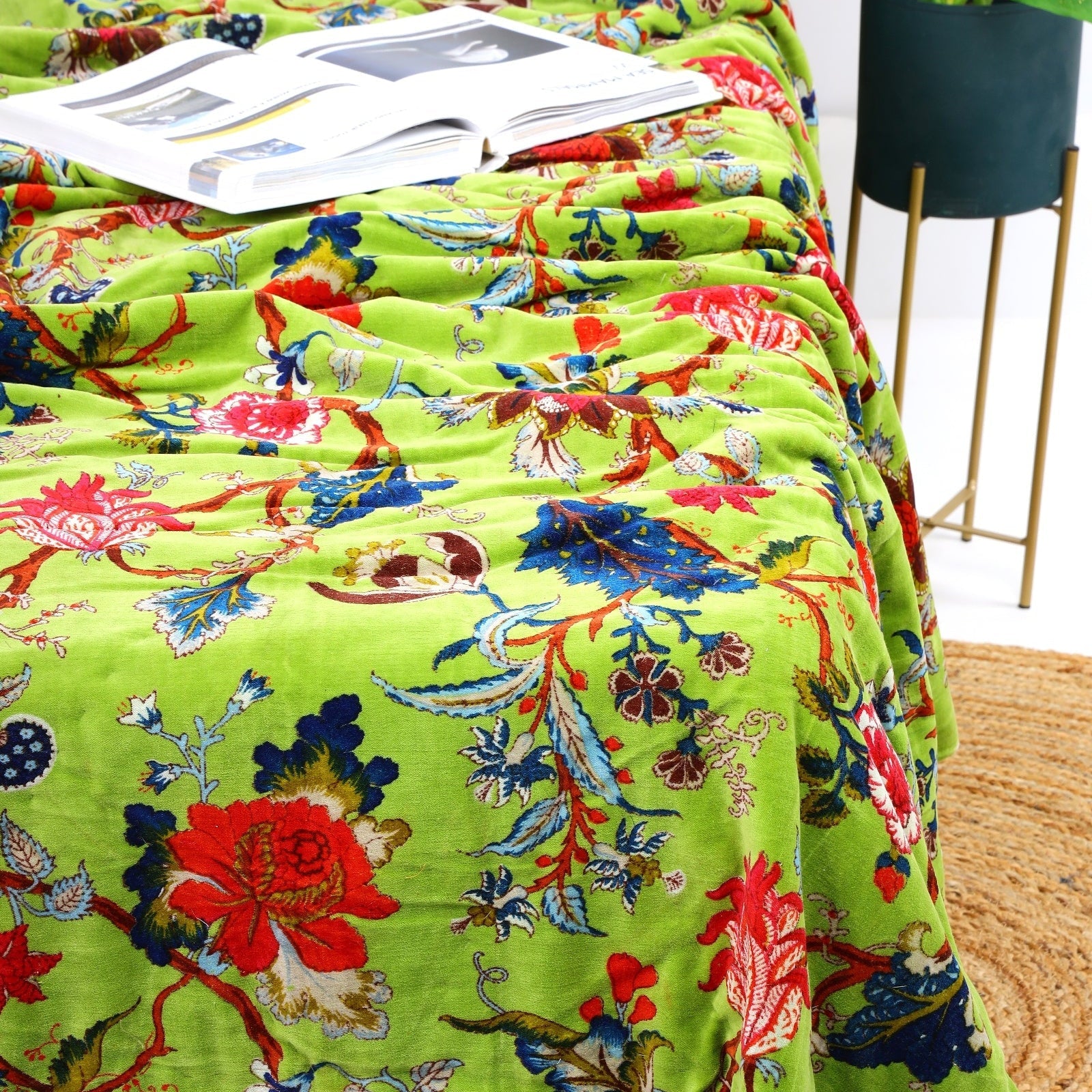 Spring Green Velvet Kantha Quilt - Cosy Style