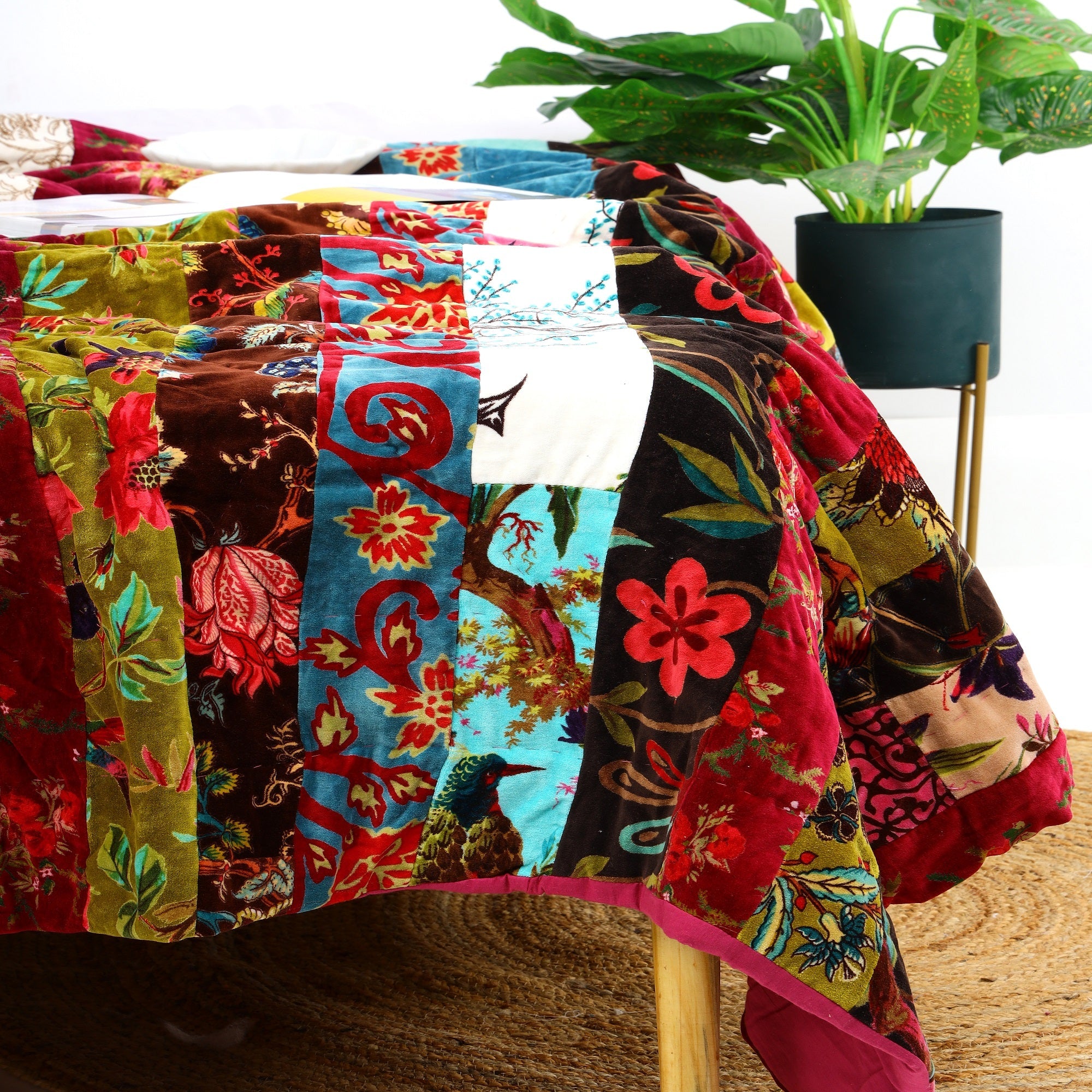 Patchwork Paradise Velvet Kantha Quilt - Unique