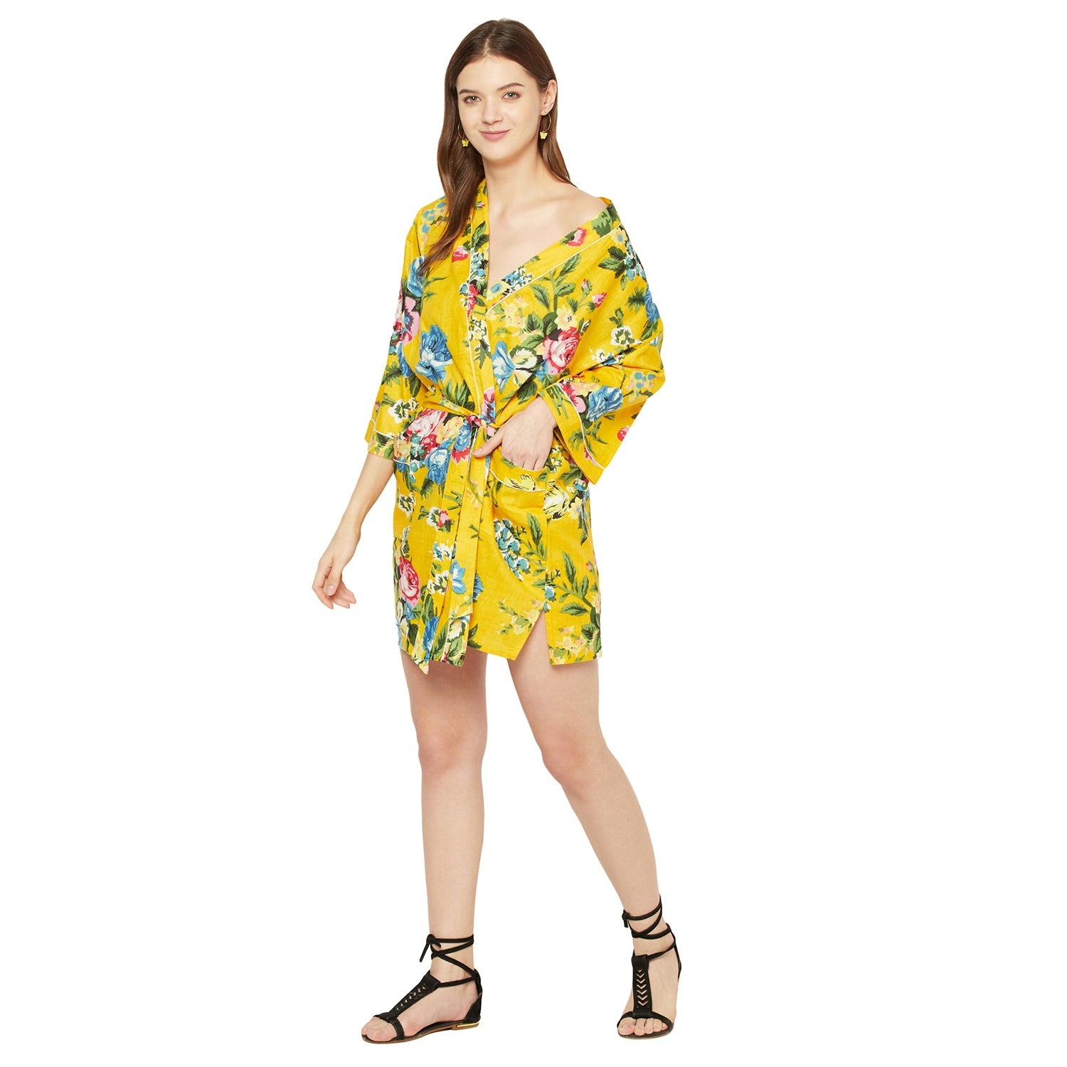 Radiant Blooms Cotton Kimono Robe - 100% Cotton