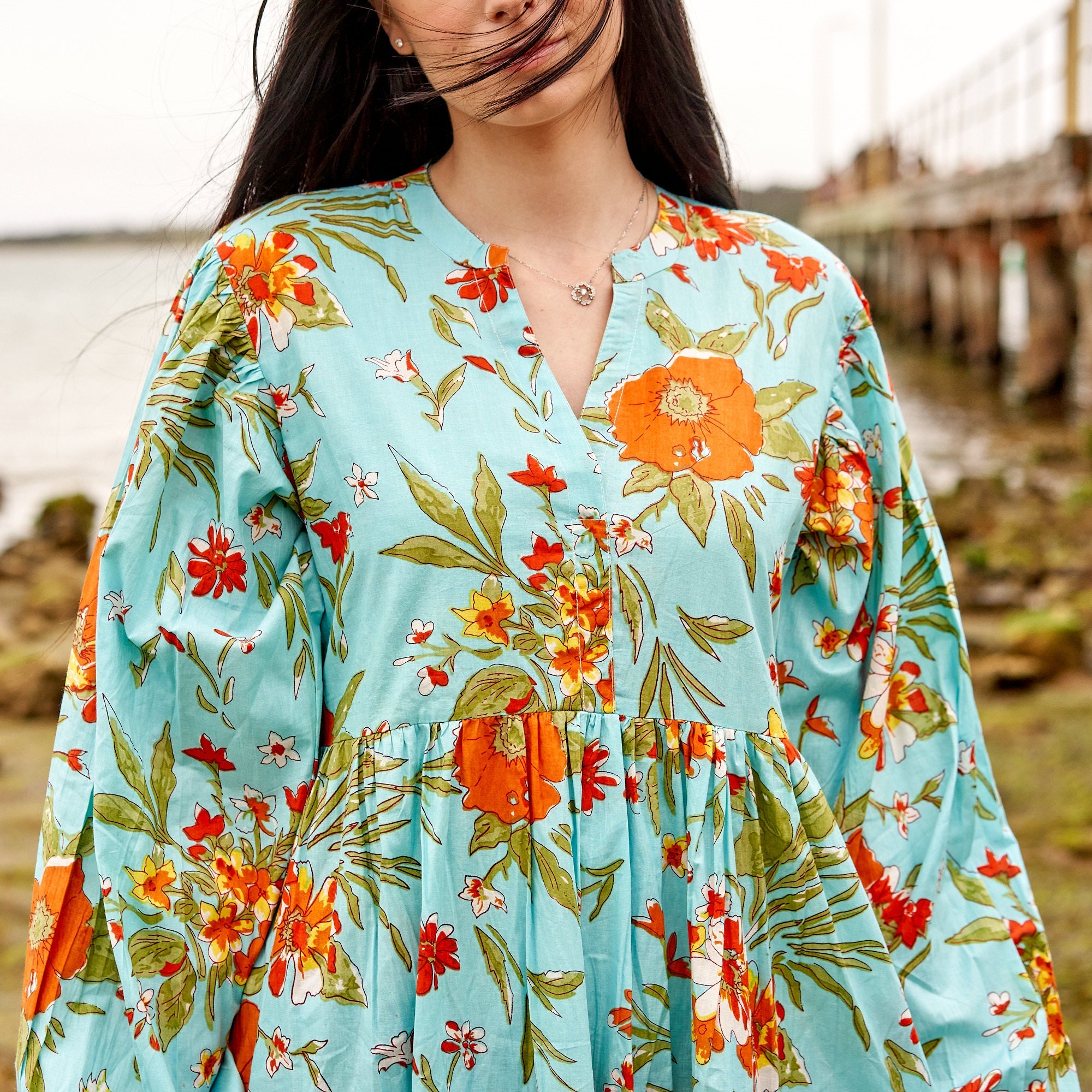 Blue Florals Cotton Maxi Dress | Cool & Calming