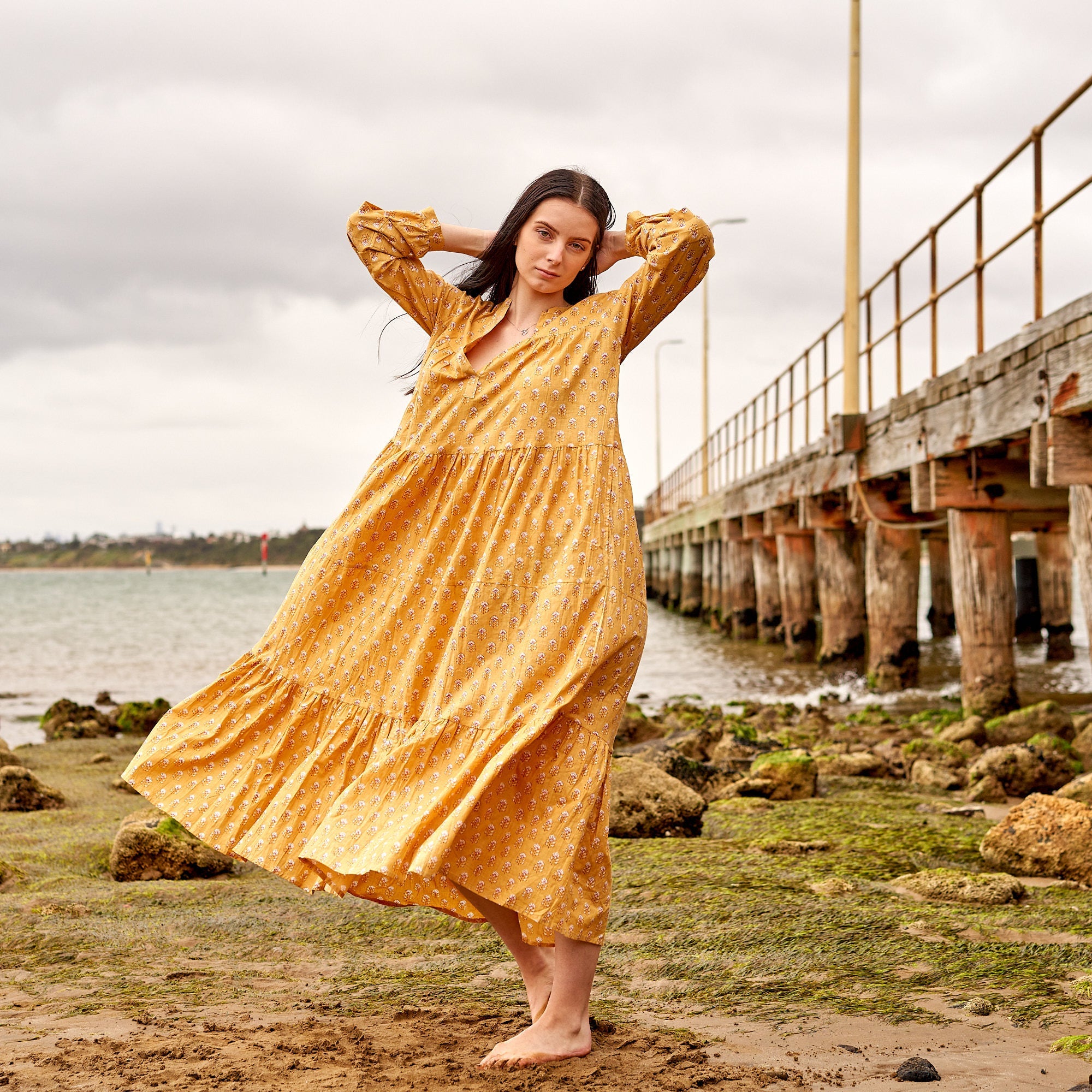 Golden Summer Cotton Maxi Dress Warm Tones