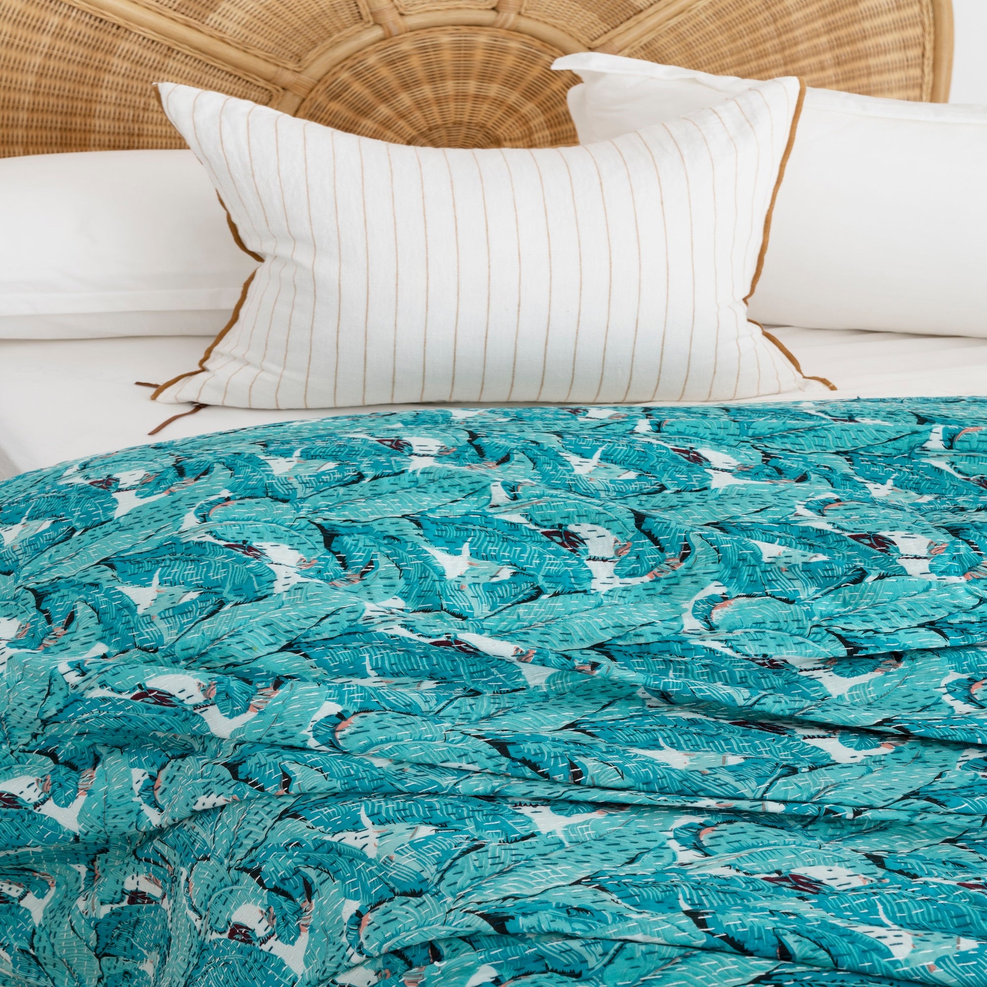 Teal Boho Kantha Quilt Baby Blanket - Indian Block Print