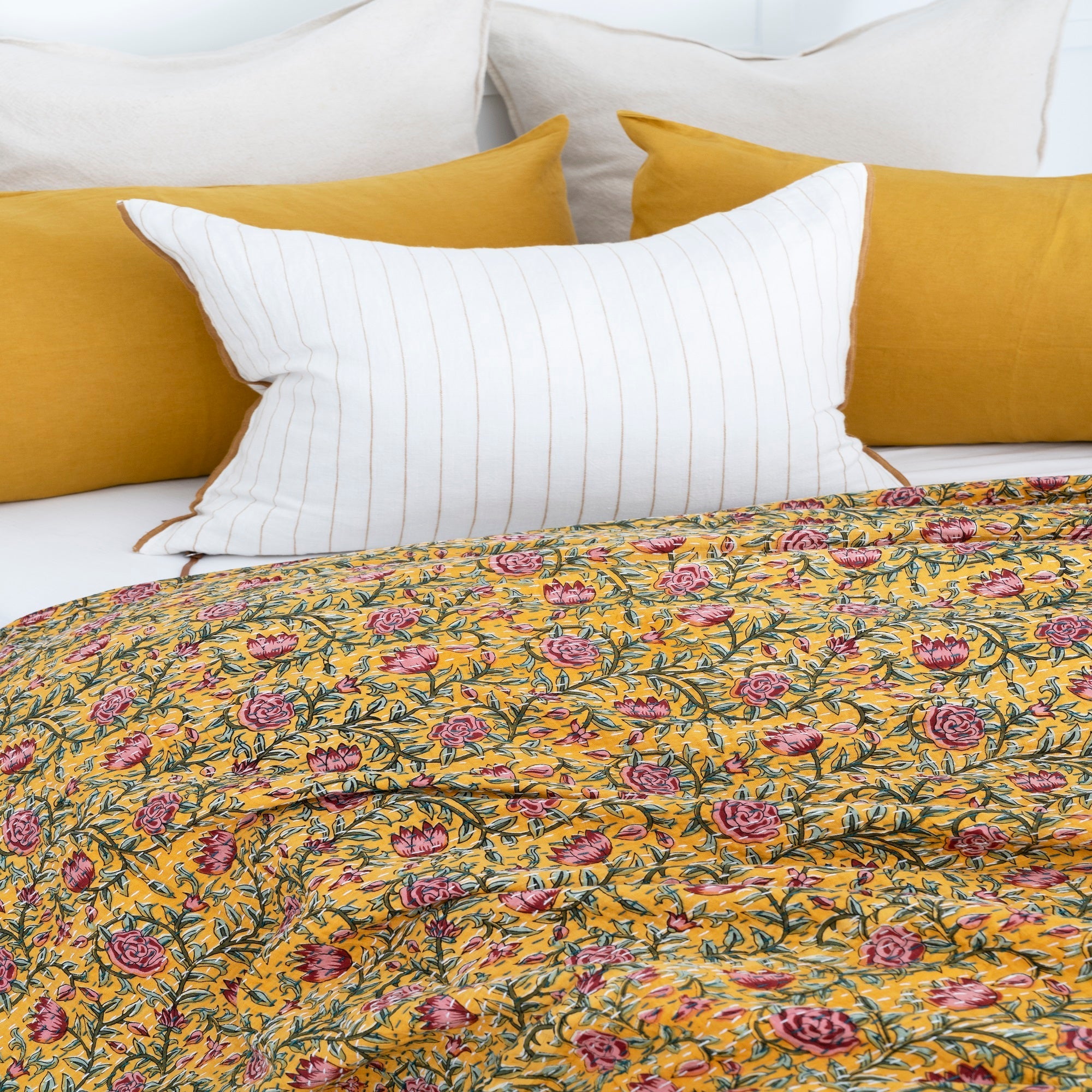 Floral Mustard Boho Kantha Quilt Baby Blanket