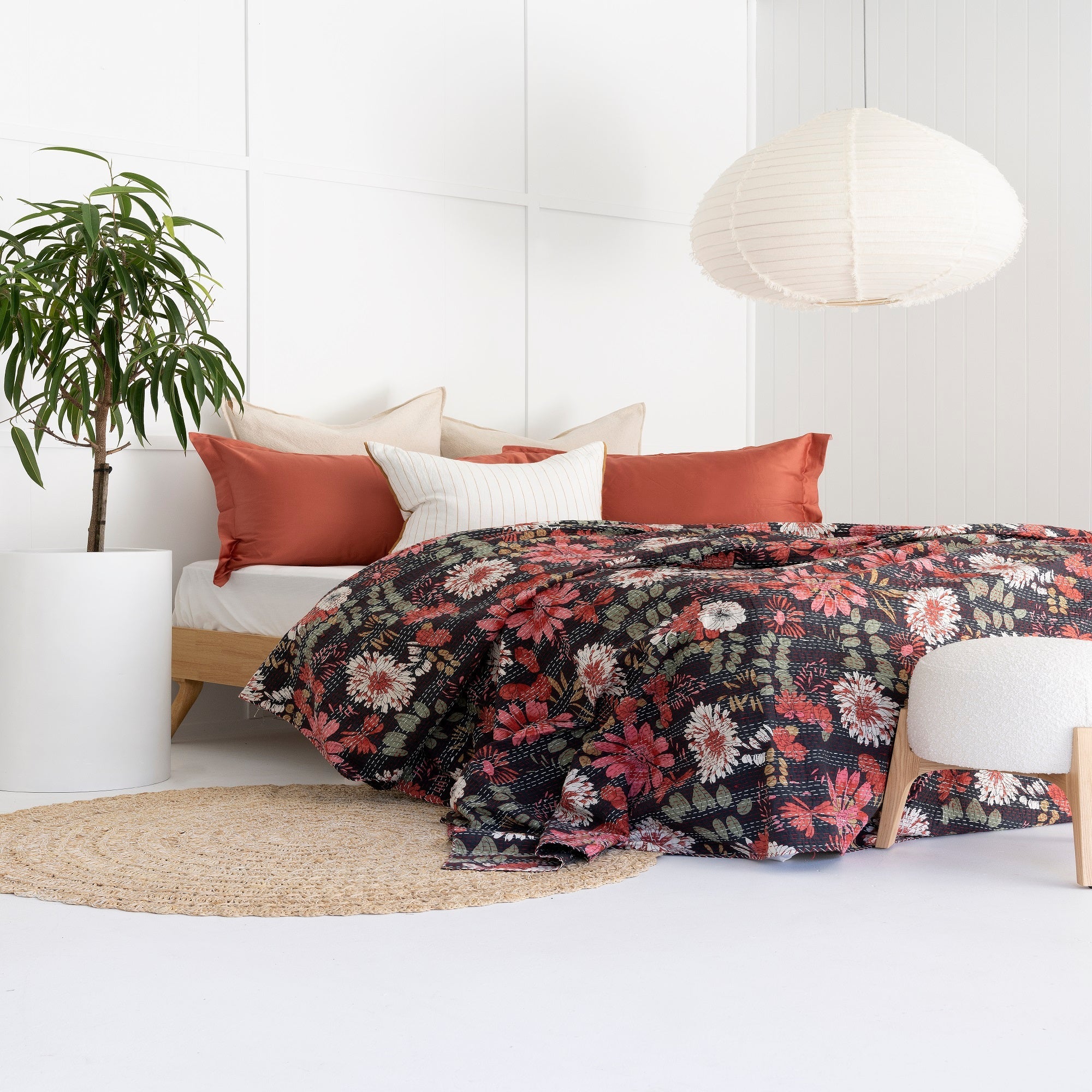 Midnight Black Boho Kantha Quilt Baby Blanket - Indian