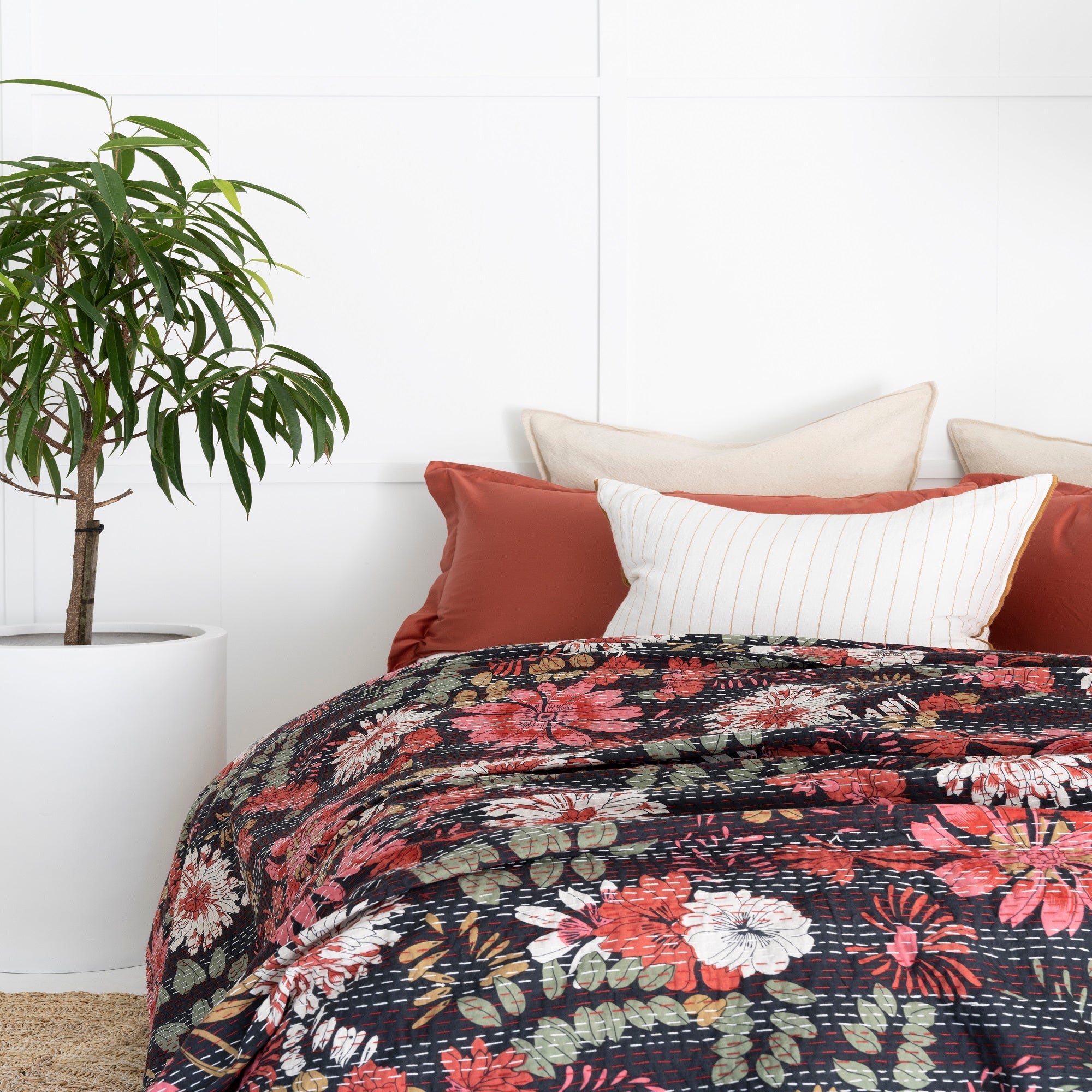 Midnight Black Boho Kantha Quilt Baby Blanket - Indian