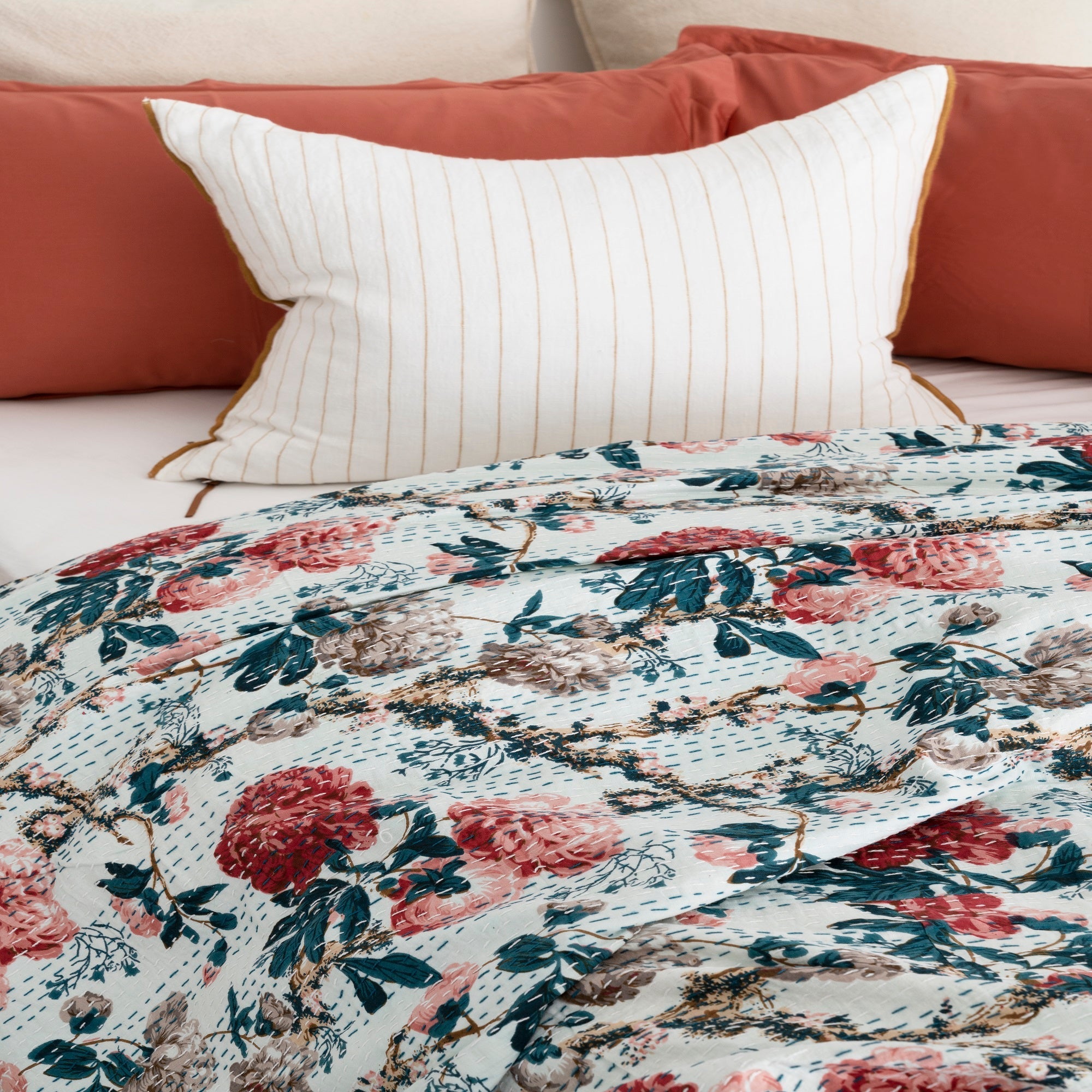 Vintage White Kantha Quilt - Baby Blanket Style