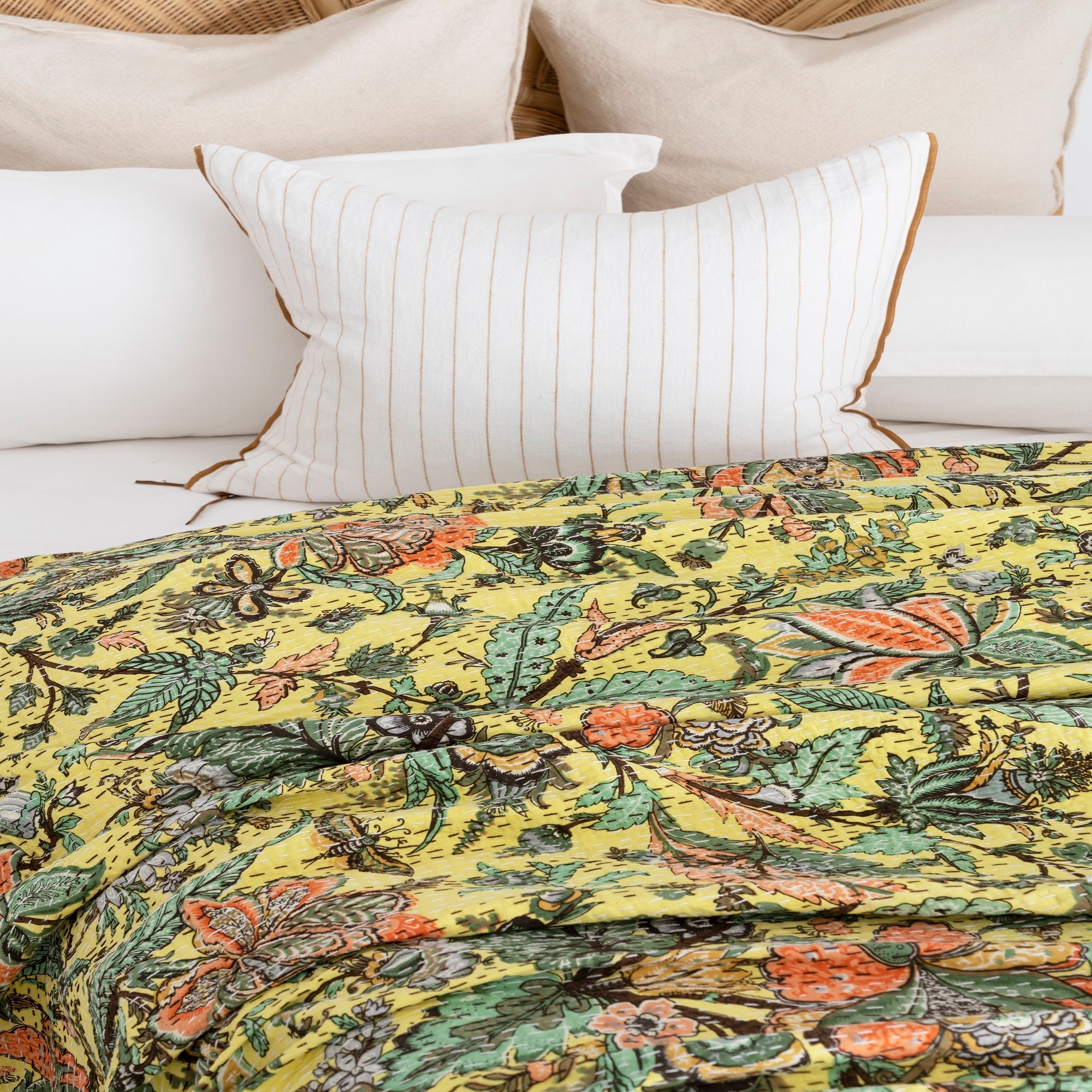 Sunny Yellow Boho Kantha Quilt - Luxe Throw
