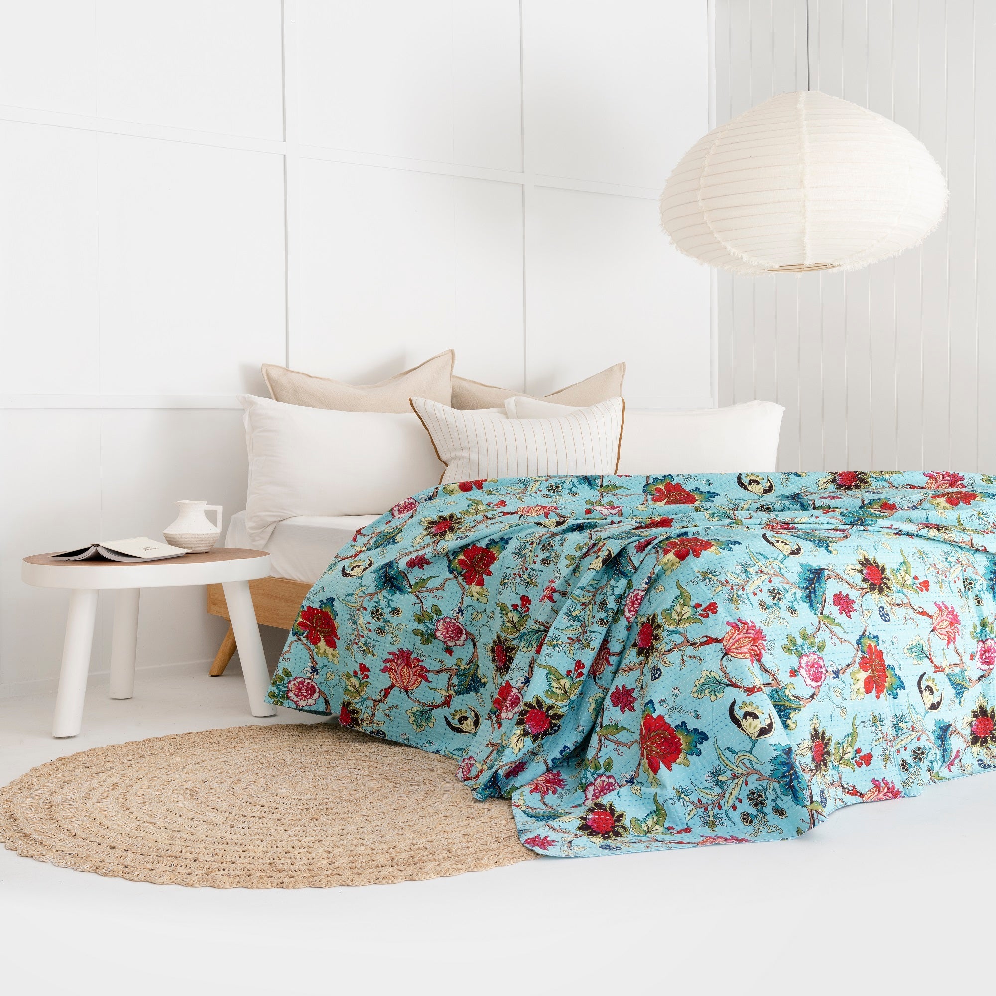 Tropical Blue Boho Kantha Quilt - Baby Blanket