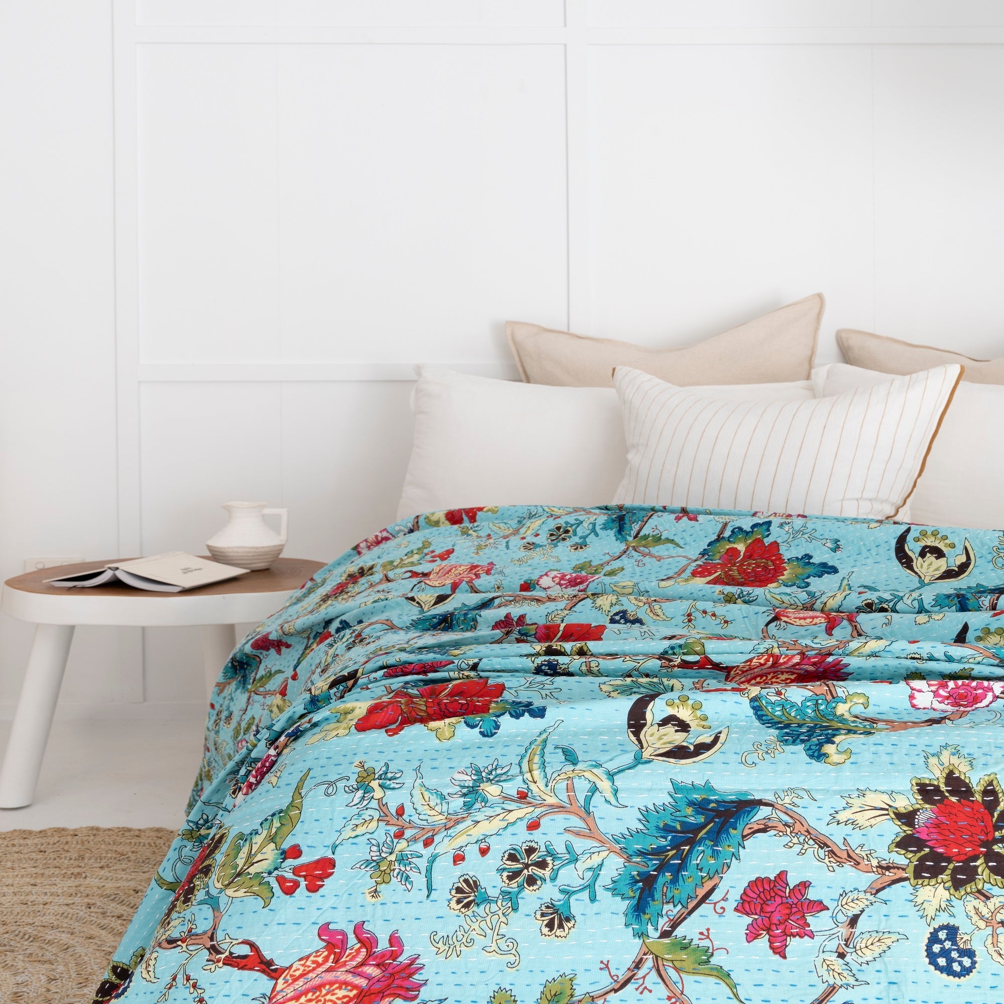 Tropical Blue Boho Kantha Quilt - Baby Blanket