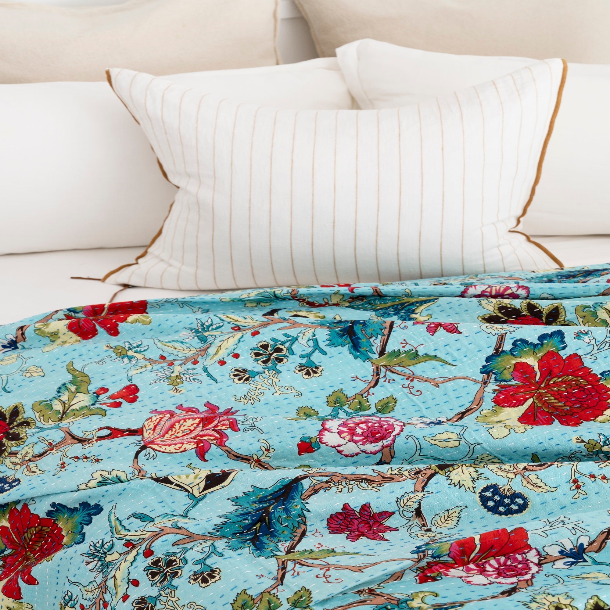 Tropical Blue Boho Kantha Quilt - Baby Blanket