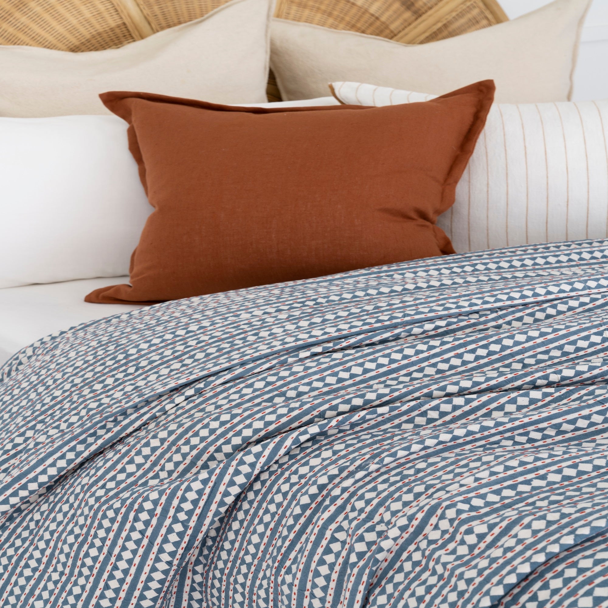 Wavy Blue Kantha Quilt - Indian Handmade Throw