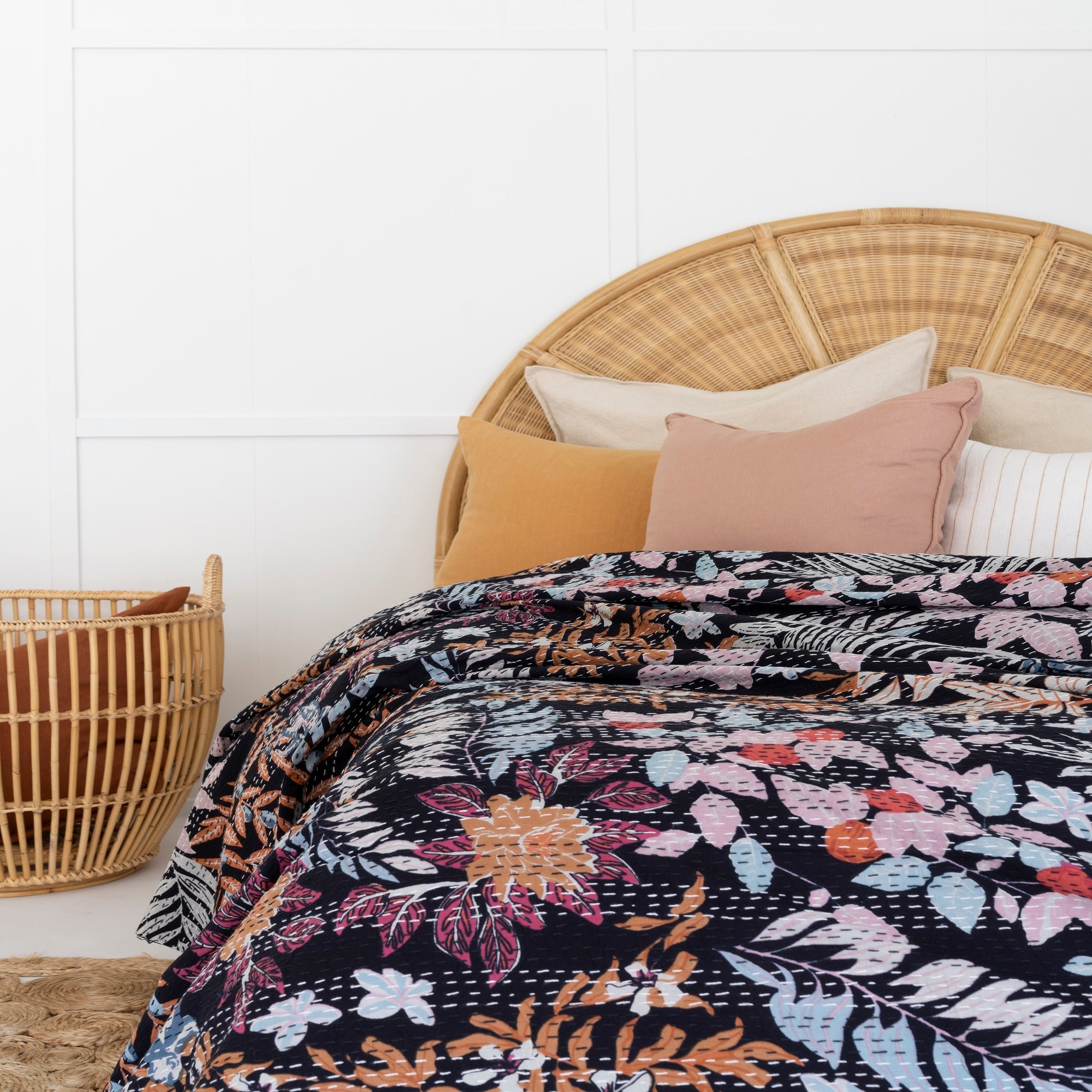 Midnight Bloom Boho Kantha Quilt - Baby Blanket