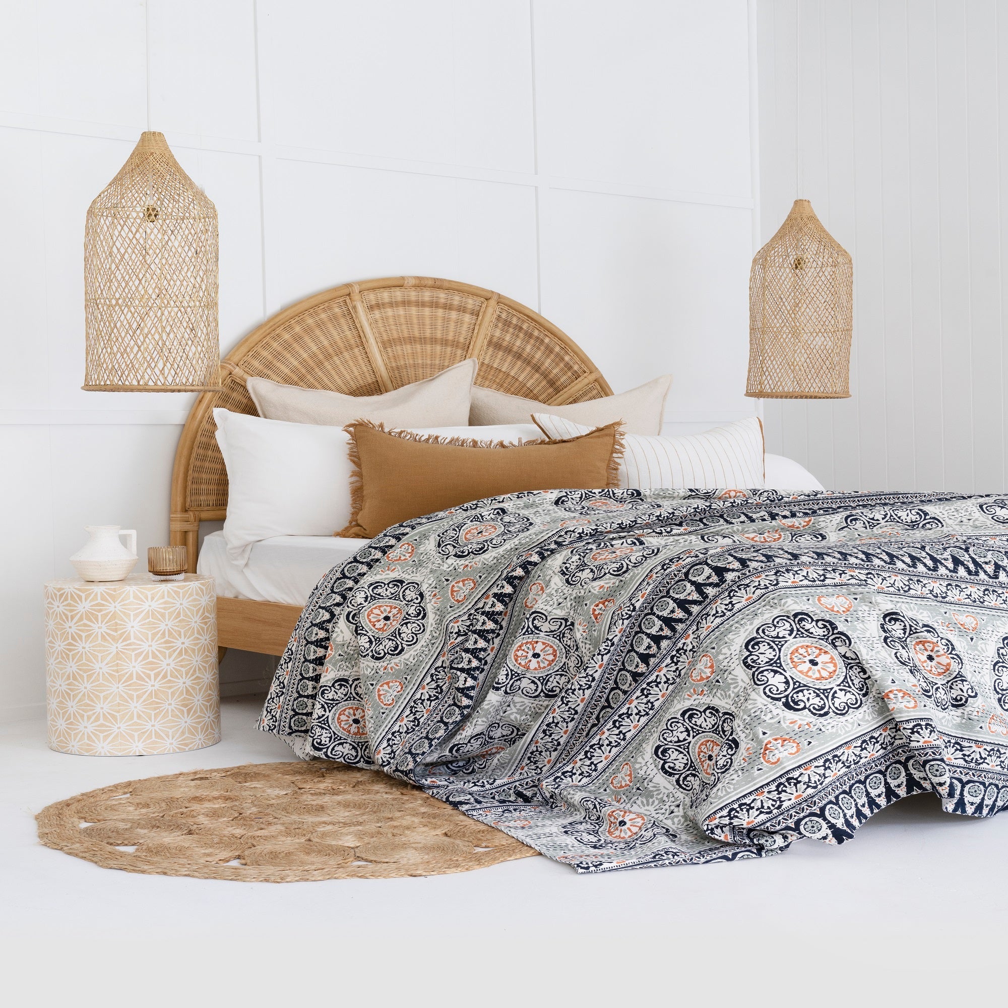 Indian Kantha Quilt Throw - Navy Blue Bedspread