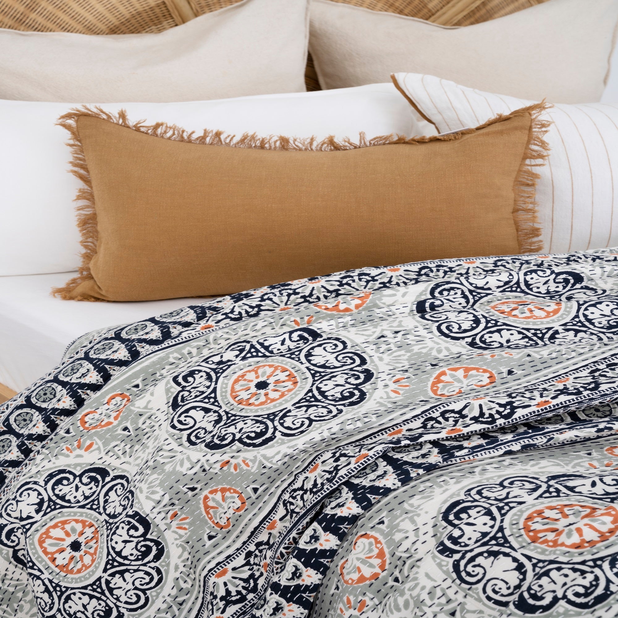 Indian Kantha Quilt Throw - Navy Blue Bedspread