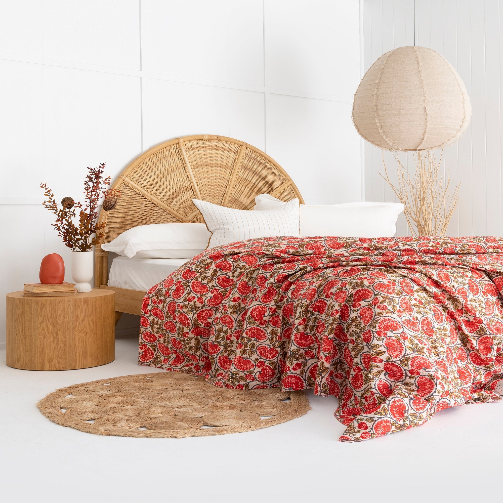 Red Floral Boho Kantha Quilt Baby Blanket - Handmade