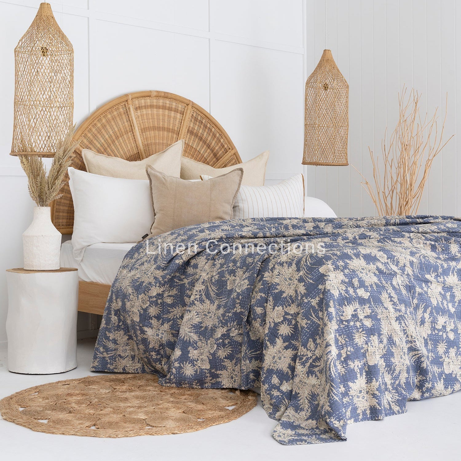 Pale Azure Boho Kantha Quilt - Eclectica Quilt