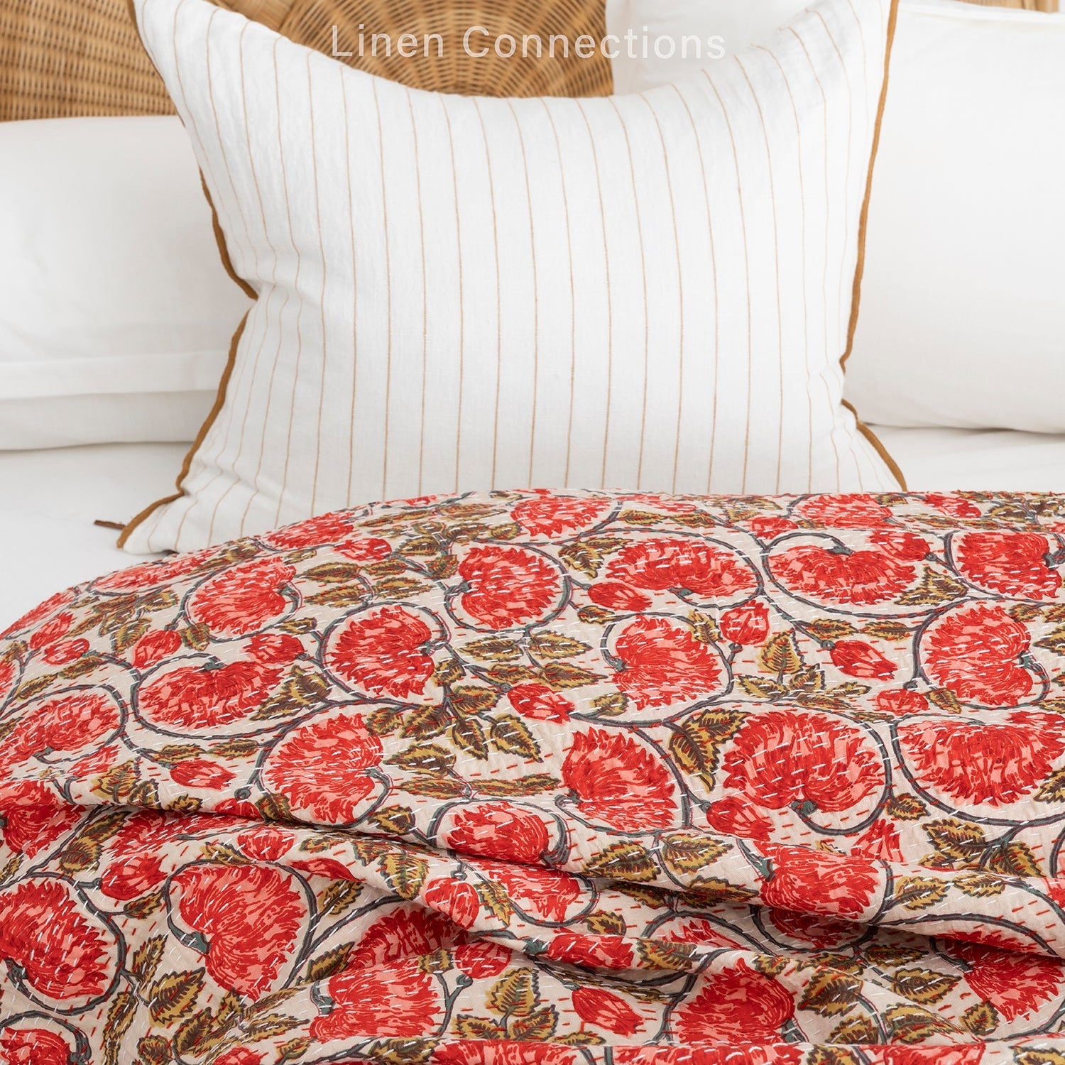 Red Blossom Boho Eclectica Indian Kantha Quilt