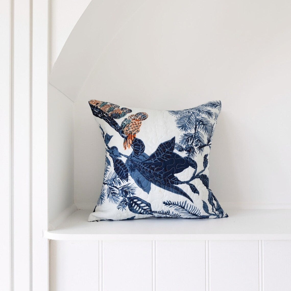 Frida Cotton Cushion Cover - White Blue Owl | Unique Decor