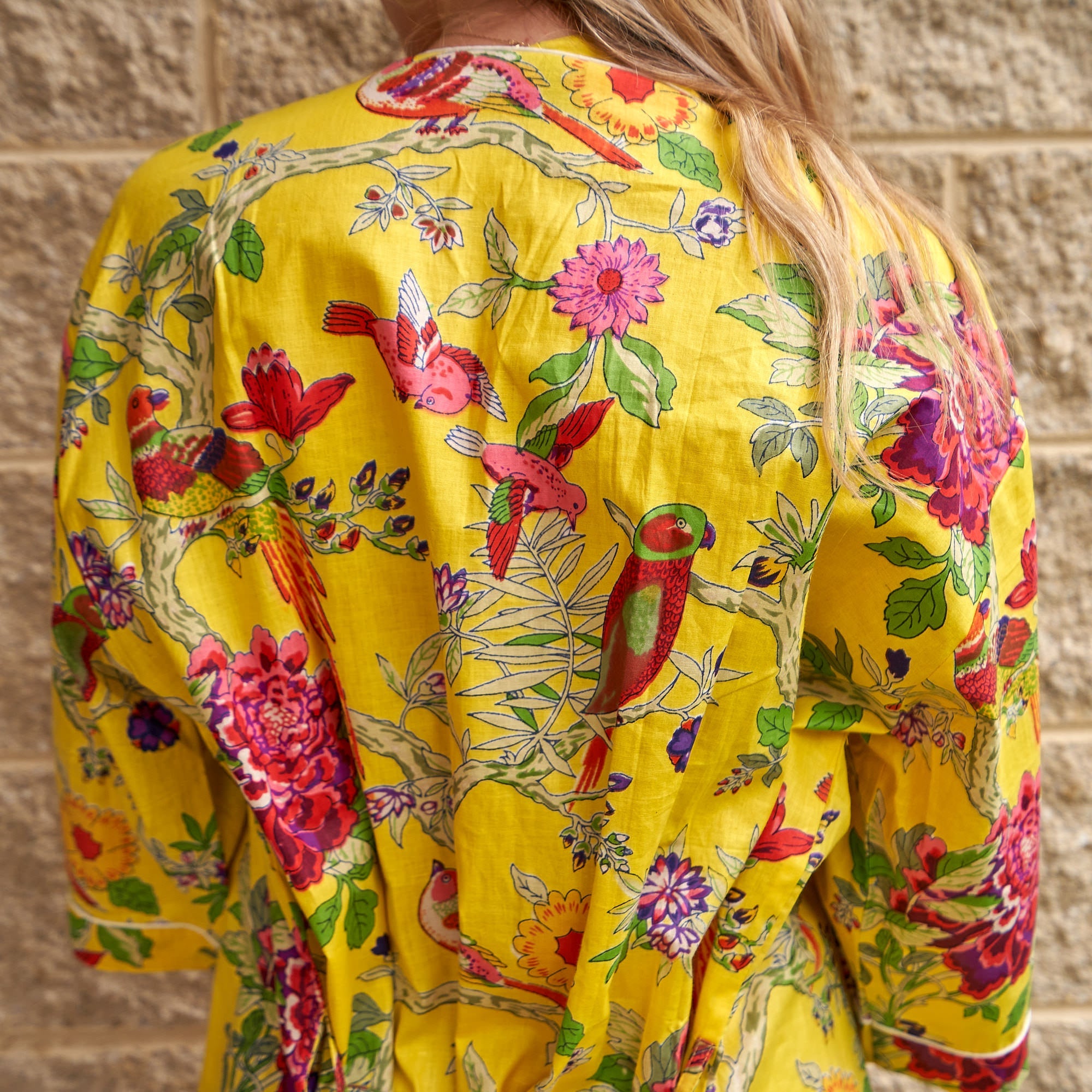 Feathered Vibrance Cotton Kimono Robe