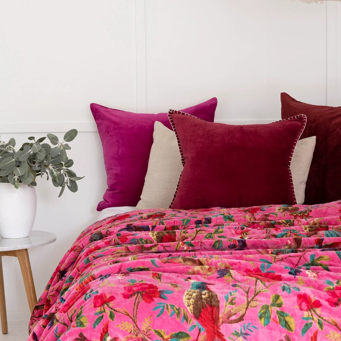 Kantha Velvet Quilt - Boho Pink Bird | Indian Decor
